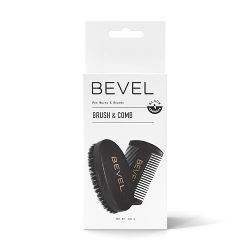 Bevel Beard Brush and Comb Set for Men – Natural Boar Bristle Brush & Pearwood Comb with Travel Pouch – Beard Grooming Kit for Shaping, Soften & Detangling Mustaches
