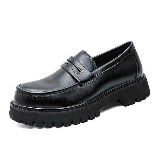 Men's Leather Platform Chunky Slip-On Penny Loafers Classic Round Toe Lug Sole Business Casual Formal Work Shoes (Black,6)