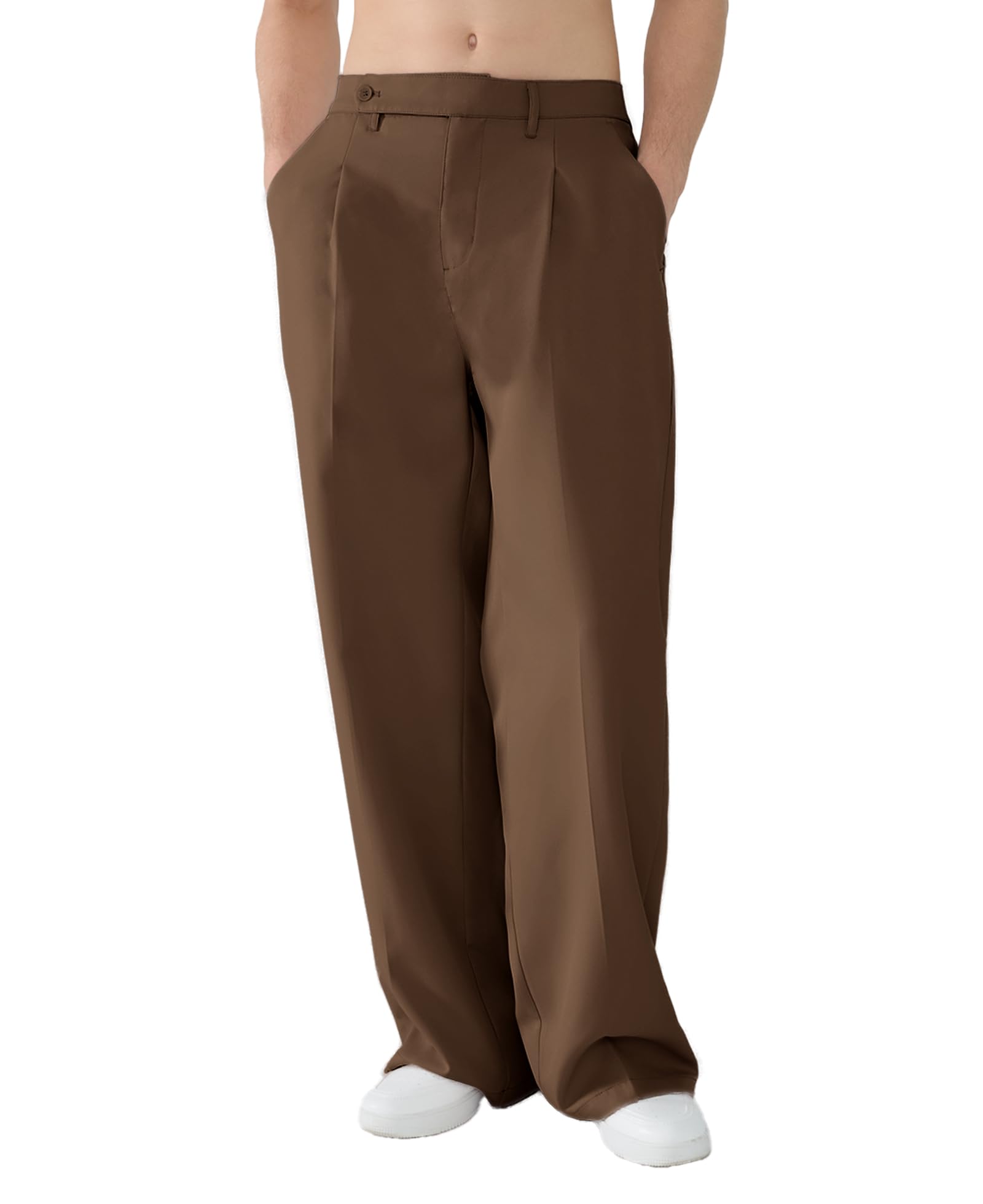 Susclude Wide Leg Dress Pants Men Pleated Baggy Casual Pants Mens Pants Relaxed Fit Trousers for Men with Pockets Brown