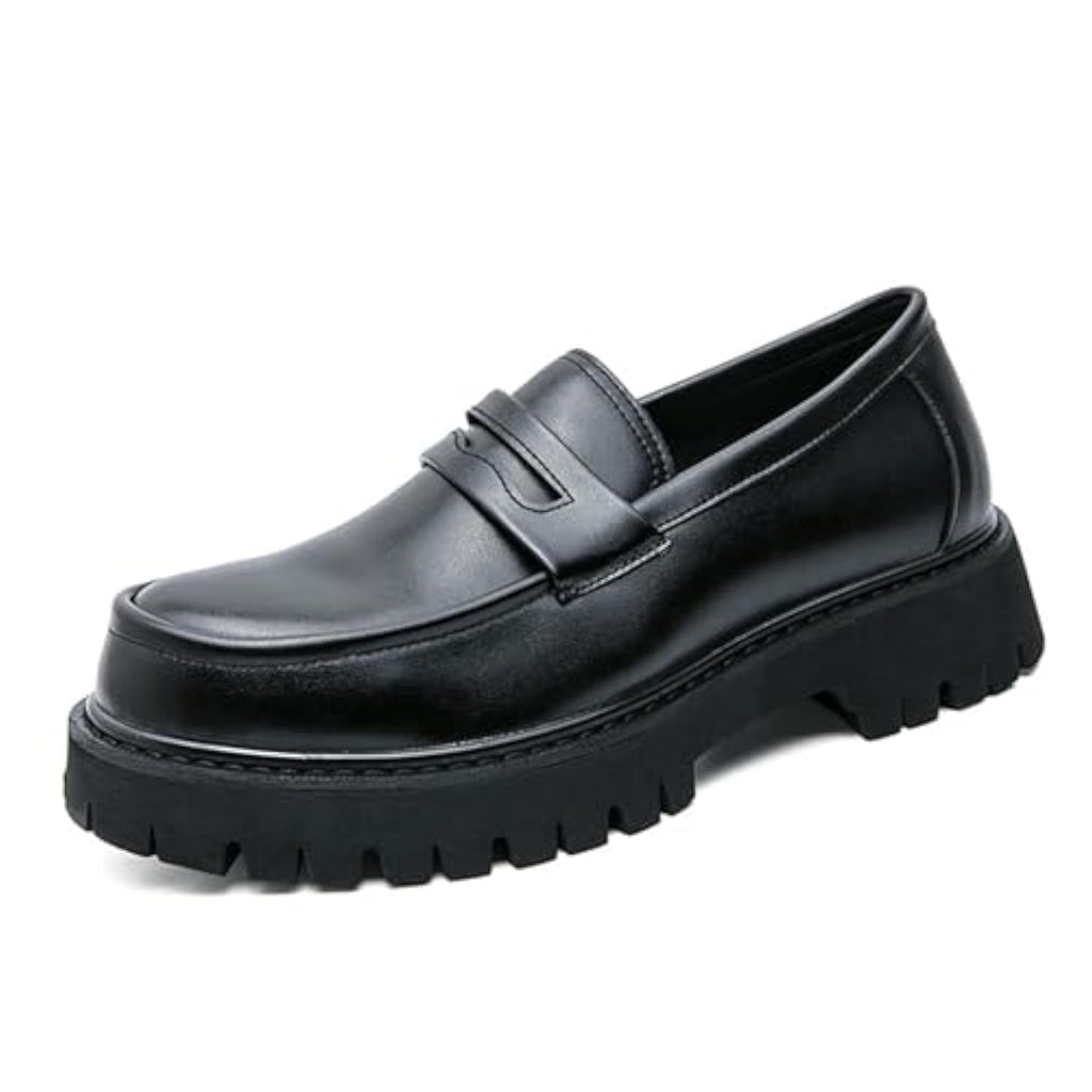 Men's Leather Platform Chunky Slip-On Penny Loafers Classic Round Toe Lug Sole Business Casual Formal Work Shoes (Black,6)