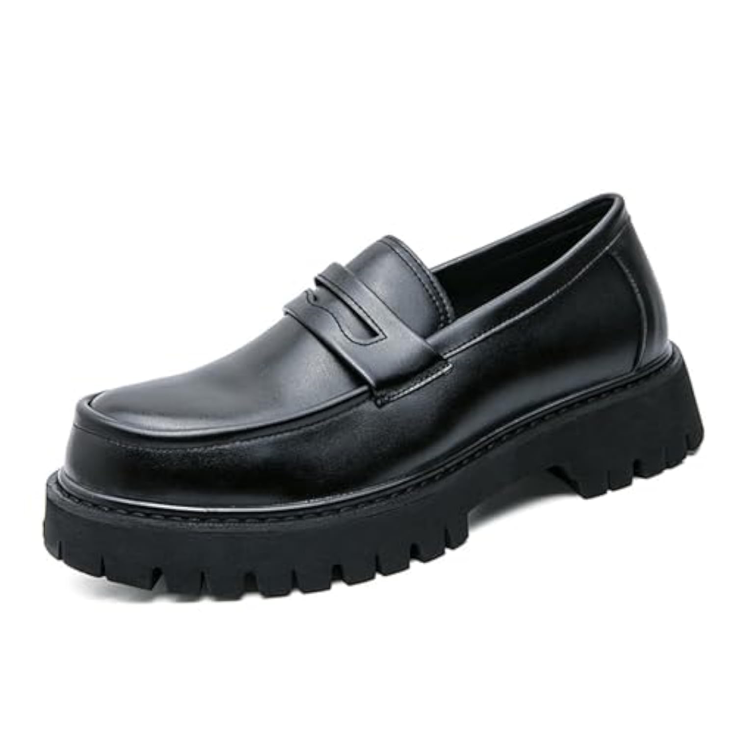 Men's Leather Platform Chunky Slip-On Penny Loafers Classic Round Toe Lug Sole Business Casual Formal Work Shoes (Black,6)