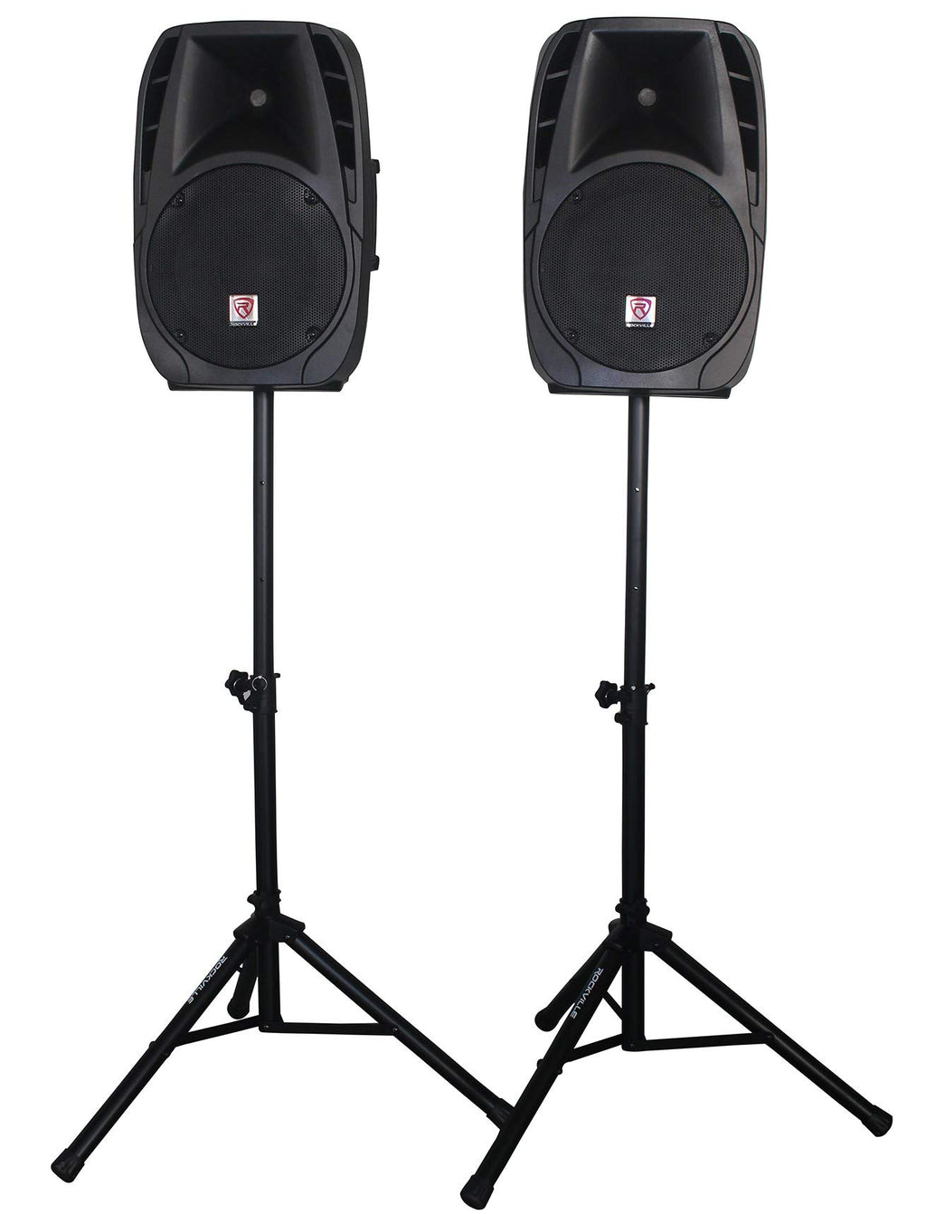 Rockville RPG2X12 Bundle: Dual 12-in 1400W Peak/350W RMS Passive DJ PA Speakers with Stands and Mics, 8-Channel 1400W Powered Mixer with Bluetooth, 2-Items