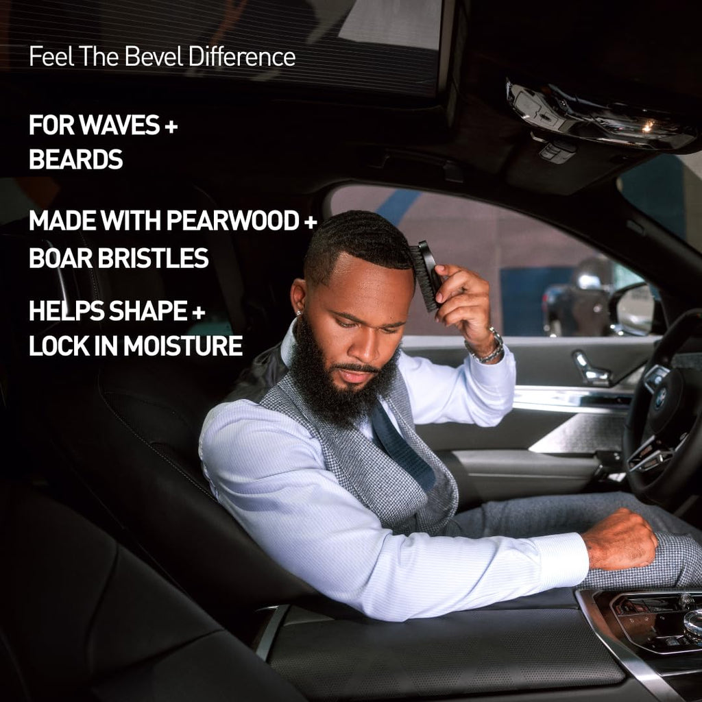 Bevel Beard Brush and Comb Set for Men – Natural Boar Bristle Brush & Pearwood Comb with Travel Pouch – Beard Grooming Kit for Shaping, Soften & Detangling Mustaches