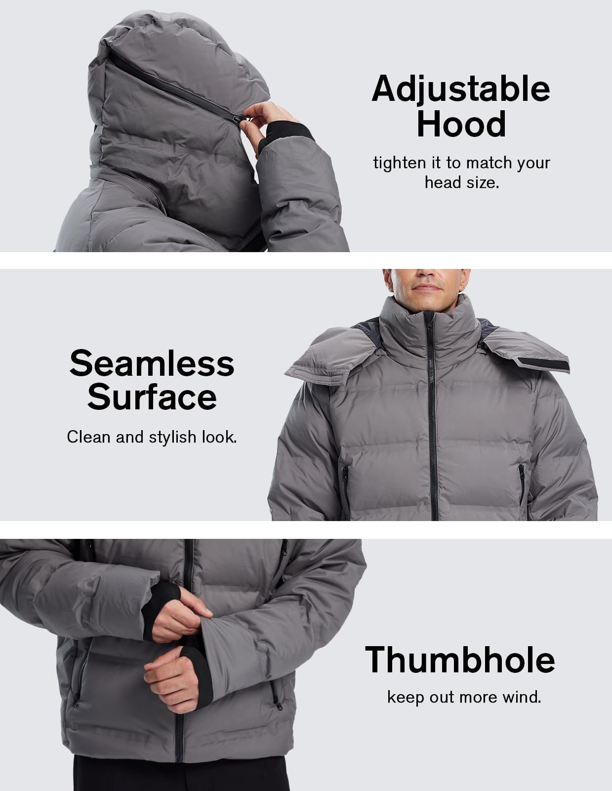 fit space Men's Thickened Down Jacket Super Warm Winter Puffer Jacket Snow Coat with Detachable Hood Waterproof Windproof Grey, Large