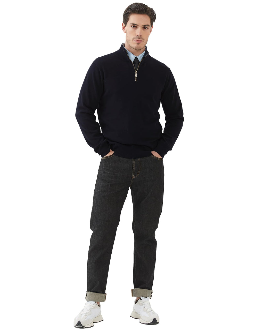 Kallspin Men's Quarter-Zip Sweater Pure Cotton Mock Neck Knit Long Sleeve Pullover Sweater(Black, L)