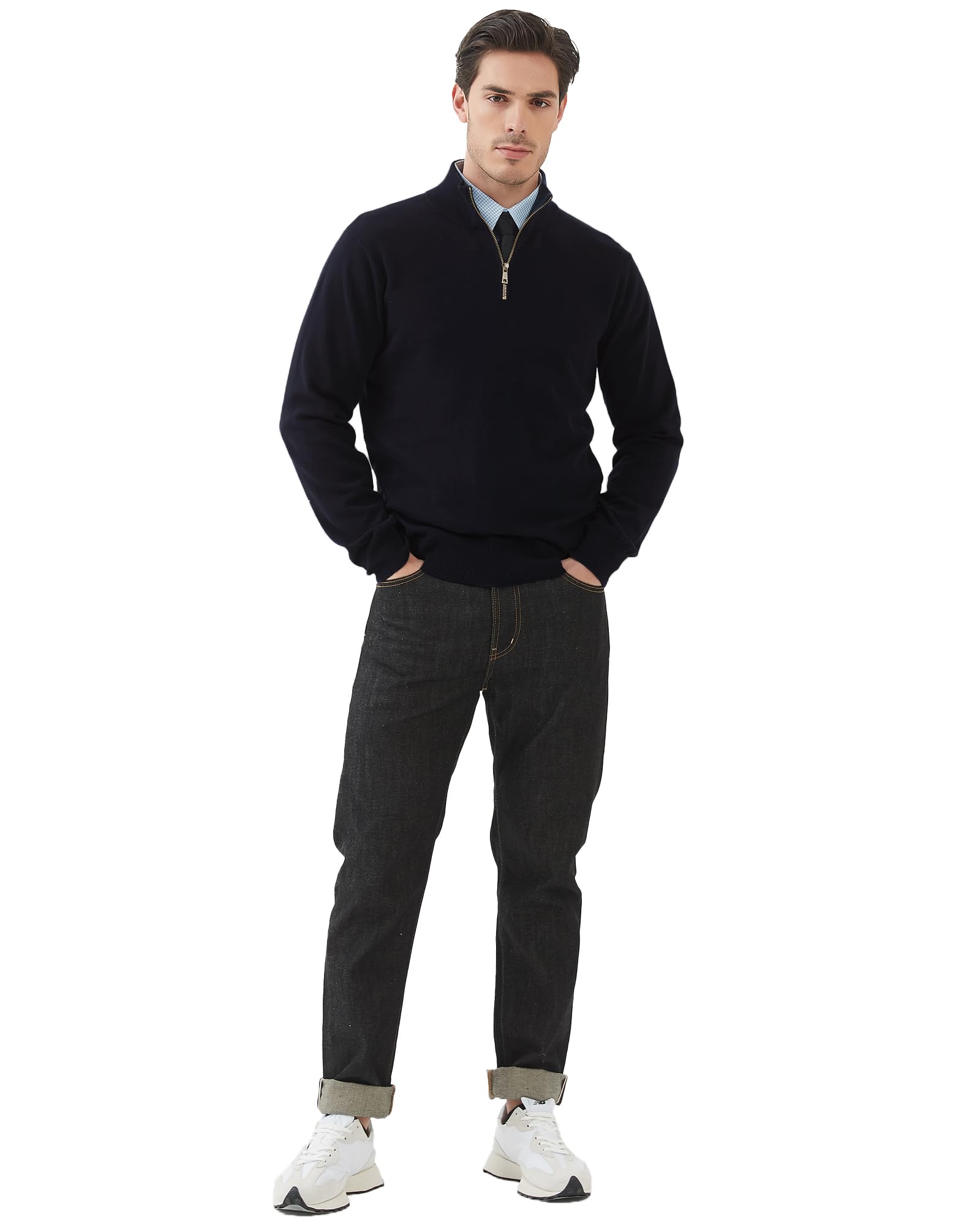 Kallspin Men's Quarter-Zip Sweater Pure Cotton Mock Neck Knit Long Sleeve Pullover Sweater(Black, L)