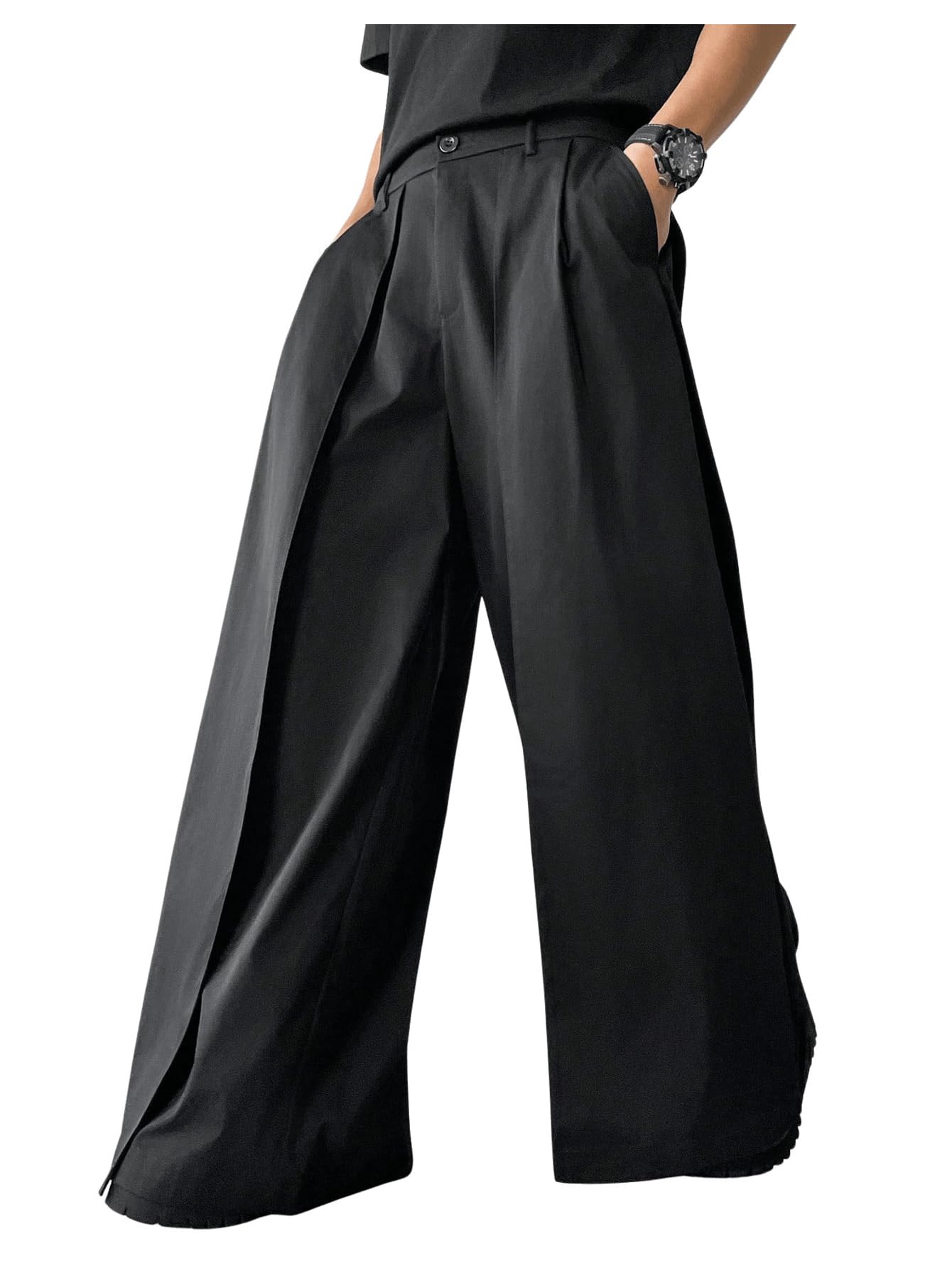 OYOANGLE Men's Baggy Wide Leg Pants Zipper Fly Pleated Trousers Business Casual Dress Pants with Pocket Black Large