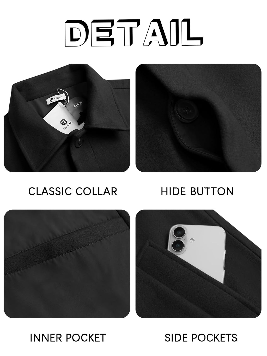 Runcati Mens Long Trench Coat Single Breasted Lapel Overcoat Casual Fall Winter Warm Peacoat