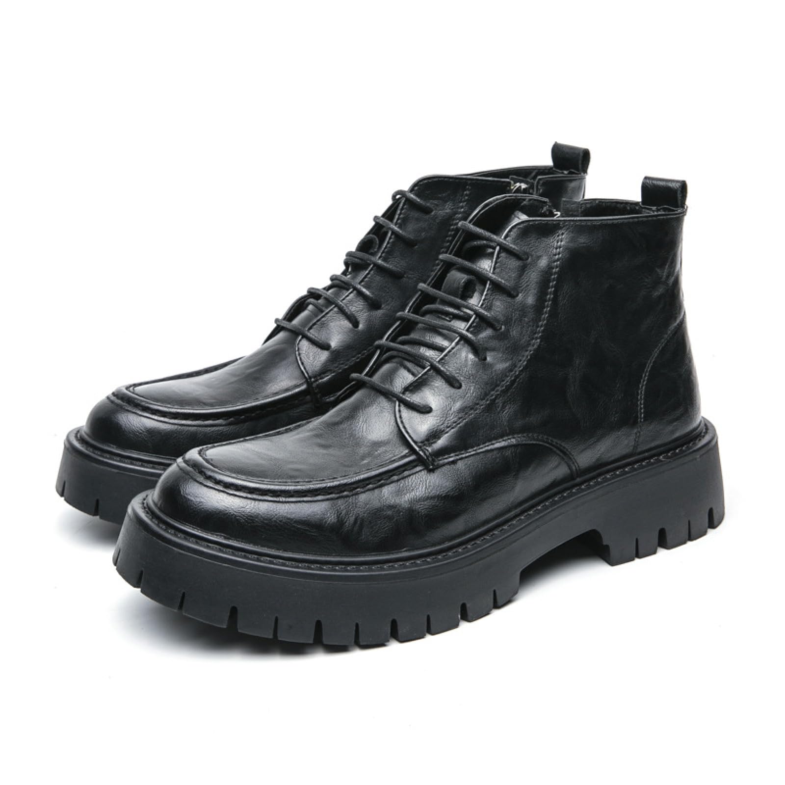 Men's Textured Leather Platform Chunky Low Heel Combat Boots with Side Zipper Vintage Round Toe Lug Sole Non-Slip Lace-Up Motorcycle Boots Work Office Business Casual Oxfords (Black,10)