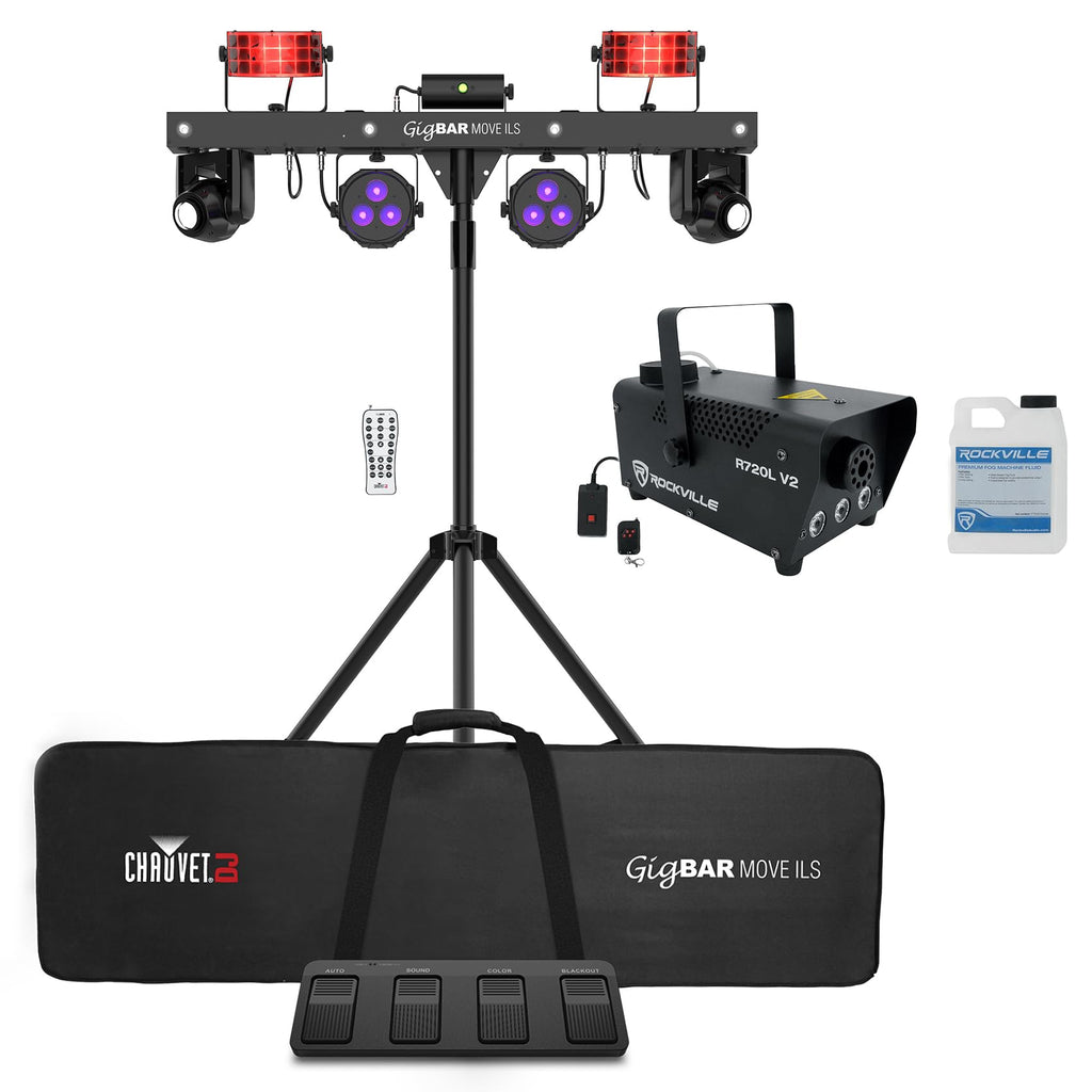 Audiosavings Bundle: Chauvet DJ GIGBAR Move ILS Kit w/Moving Heads/Derbies/Washes/Laser/Strobe Lights Bundle with Rockville R720L Fog/Smoke Machine w/Remote+Fluid+Multi Color LED Built in! (2 Items)