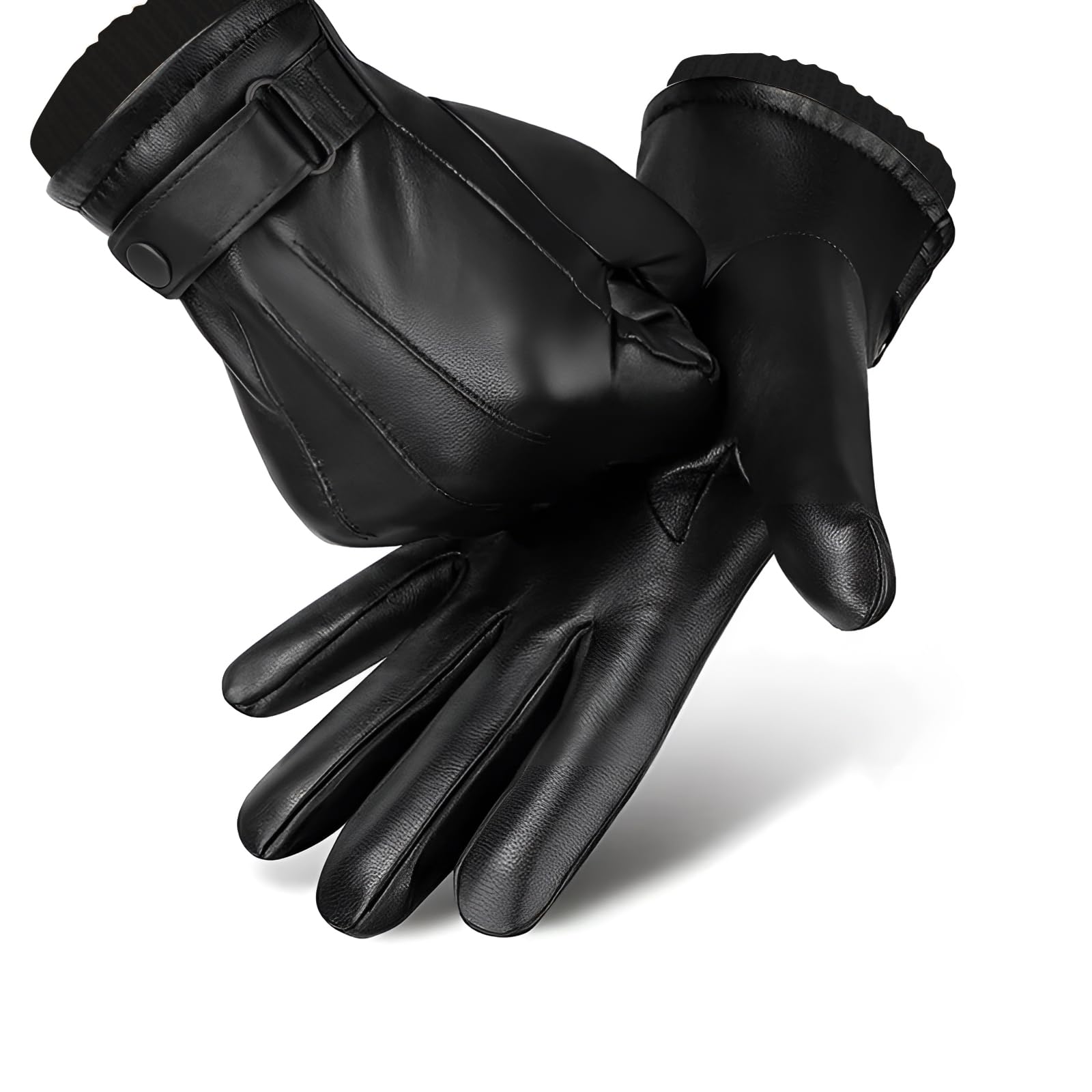 SANKUU Black Leather Gloves for Men, Winter Warm Touchscree Cycling Gloves Outdoor Riding Warm Linner Waterproof Gloves(Large)