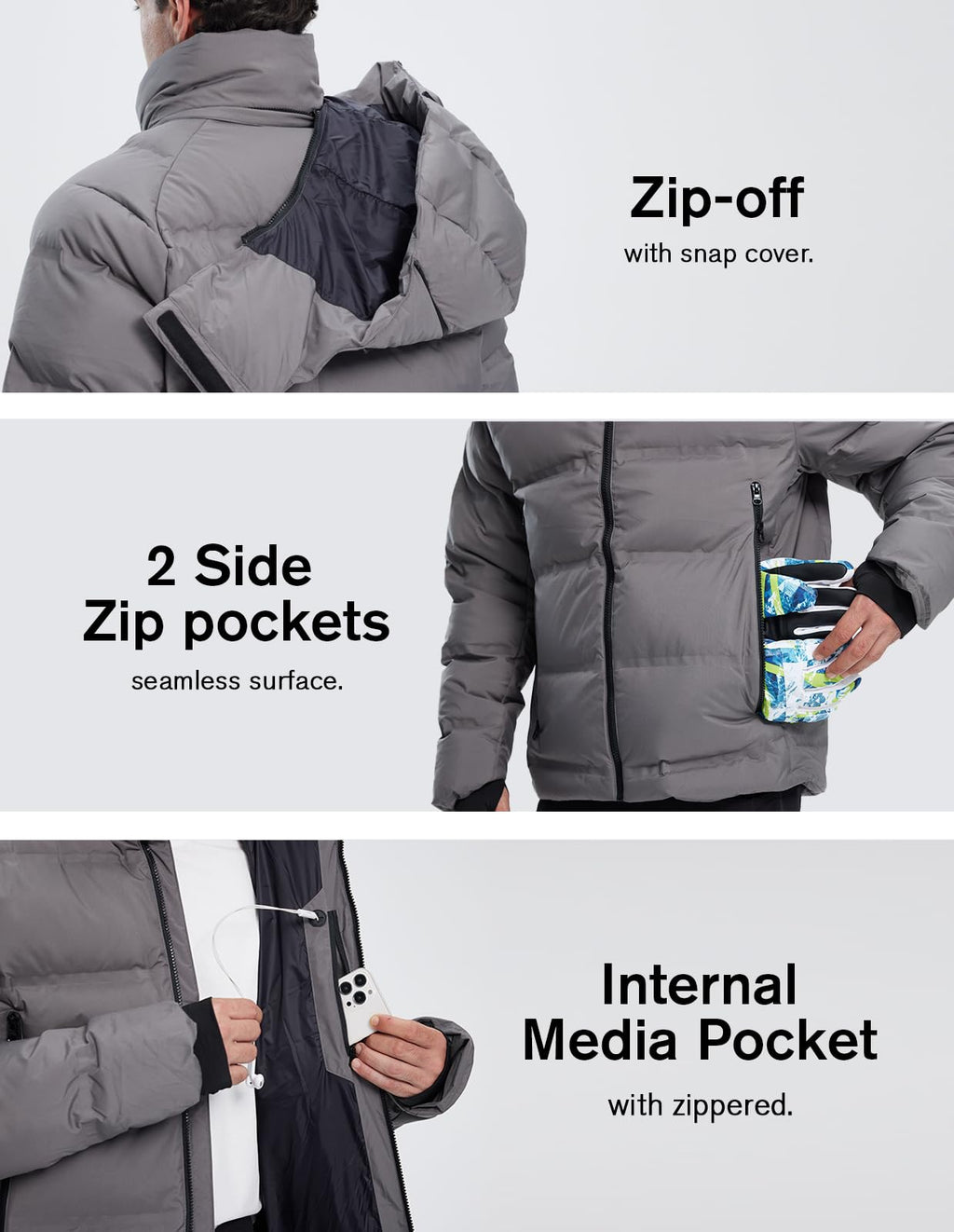fit space Men's Thickened Down Jacket Super Warm Winter Puffer Jacket Snow Coat with Detachable Hood Waterproof Windproof Grey, Large