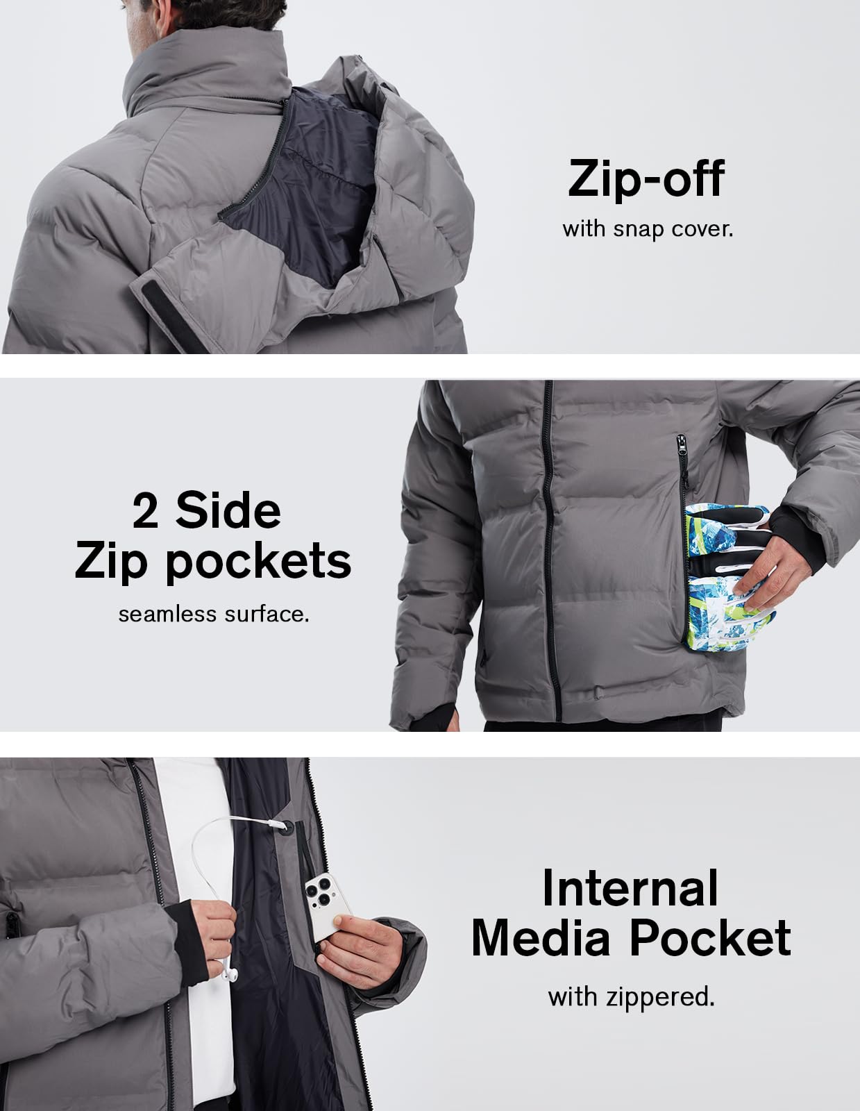 fit space Men's Thickened Down Jacket Super Warm Winter Puffer Jacket Snow Coat with Detachable Hood Waterproof Windproof Grey, Large