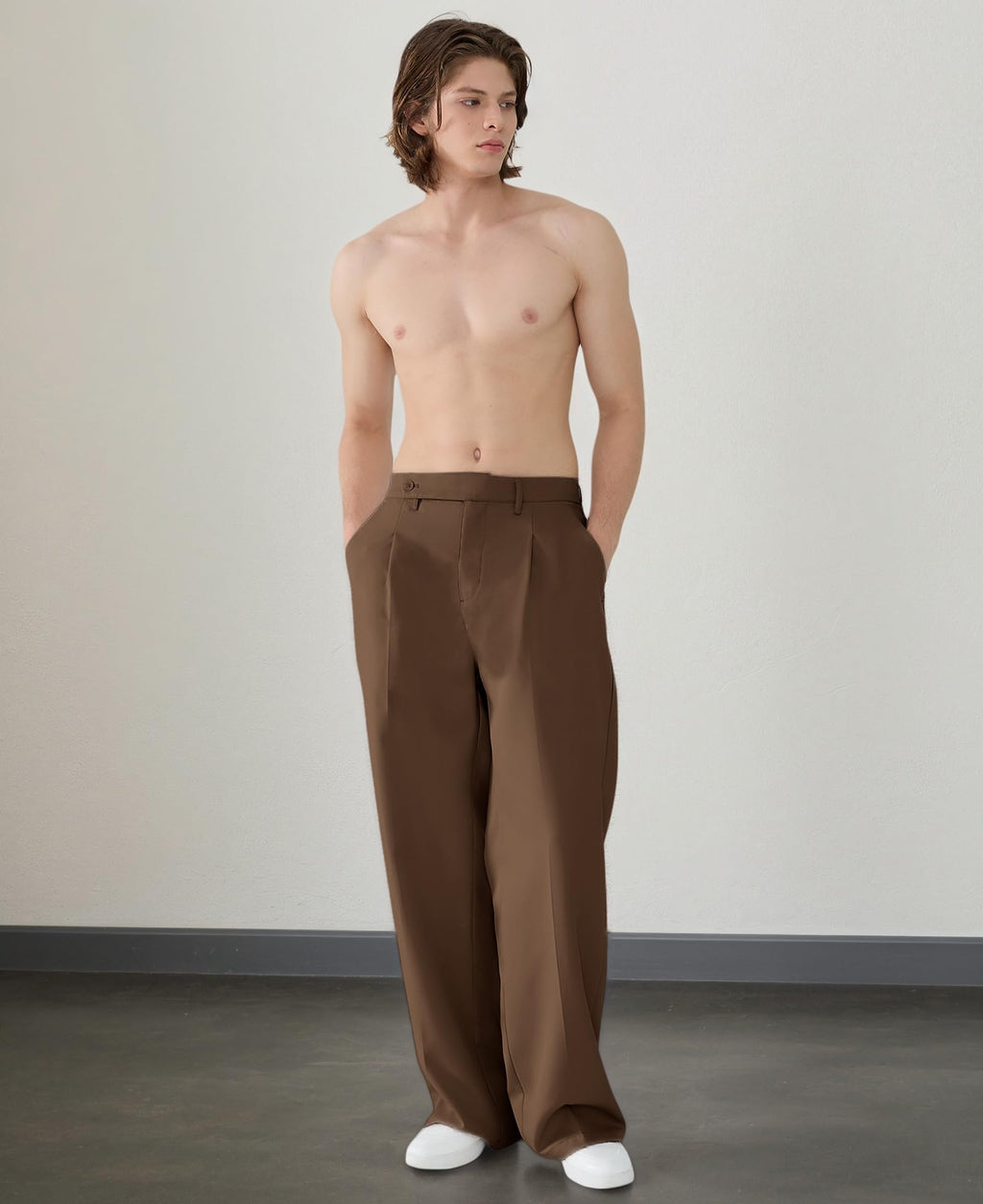 Susclude Wide Leg Dress Pants Men Pleated Baggy Casual Pants Mens Pants Relaxed Fit Trousers for Men with Pockets Brown