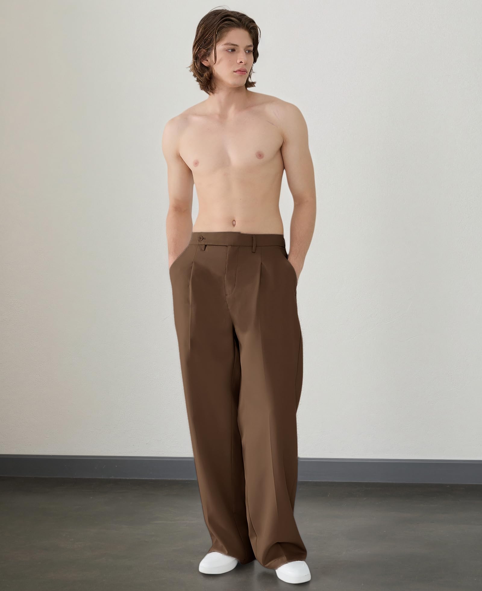 Susclude Wide Leg Dress Pants Men Pleated Baggy Casual Pants Mens Pants Relaxed Fit Trousers for Men with Pockets Brown