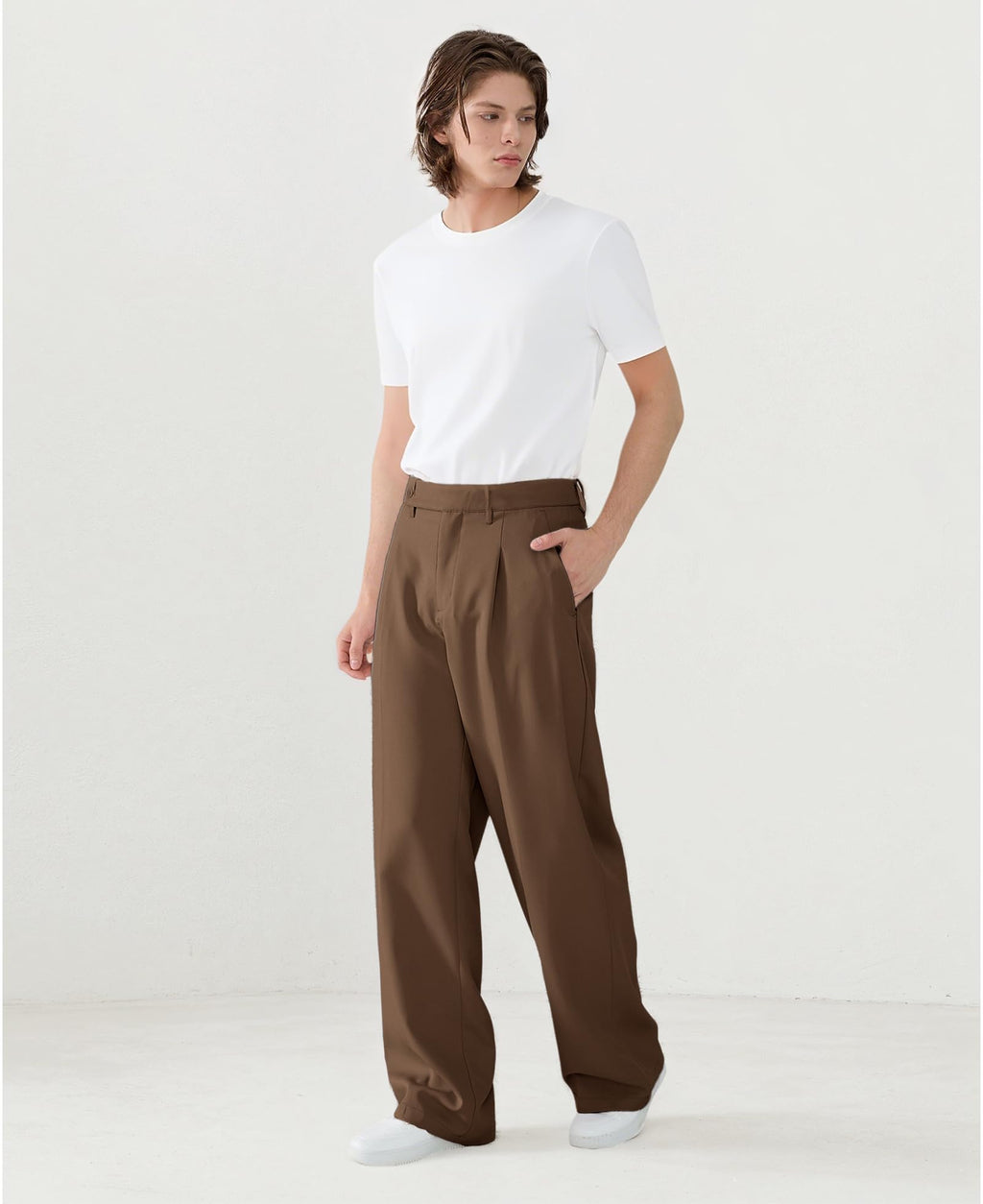 Susclude Wide Leg Dress Pants Men Pleated Baggy Casual Pants Mens Pants Relaxed Fit Trousers for Men with Pockets Brown