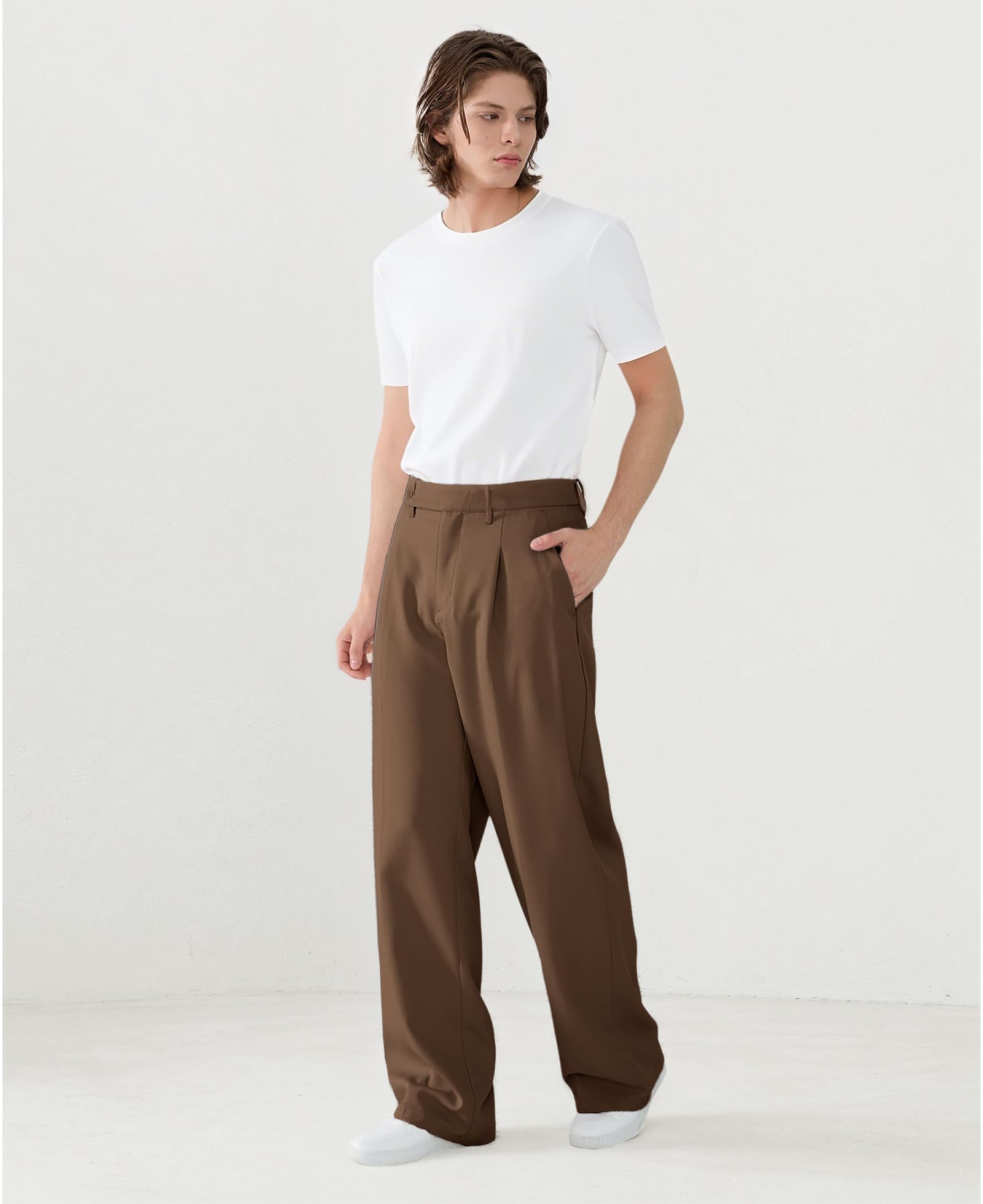 Susclude Wide Leg Dress Pants Men Pleated Baggy Casual Pants Mens Pants Relaxed Fit Trousers for Men with Pockets Brown