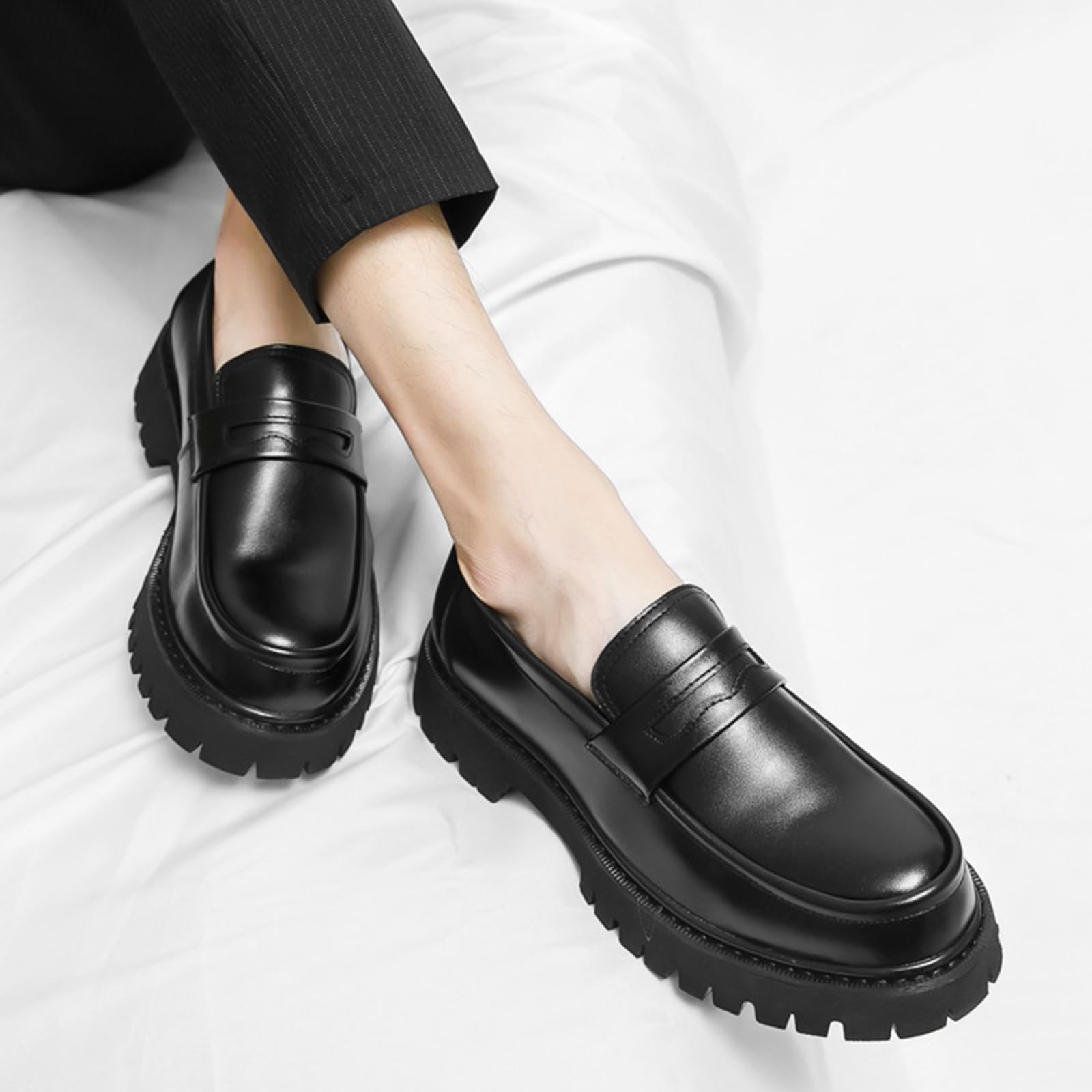 Men's Leather Platform Chunky Slip-On Penny Loafers Classic Round Toe Lug Sole Business Casual Formal Work Shoes (Black,6)