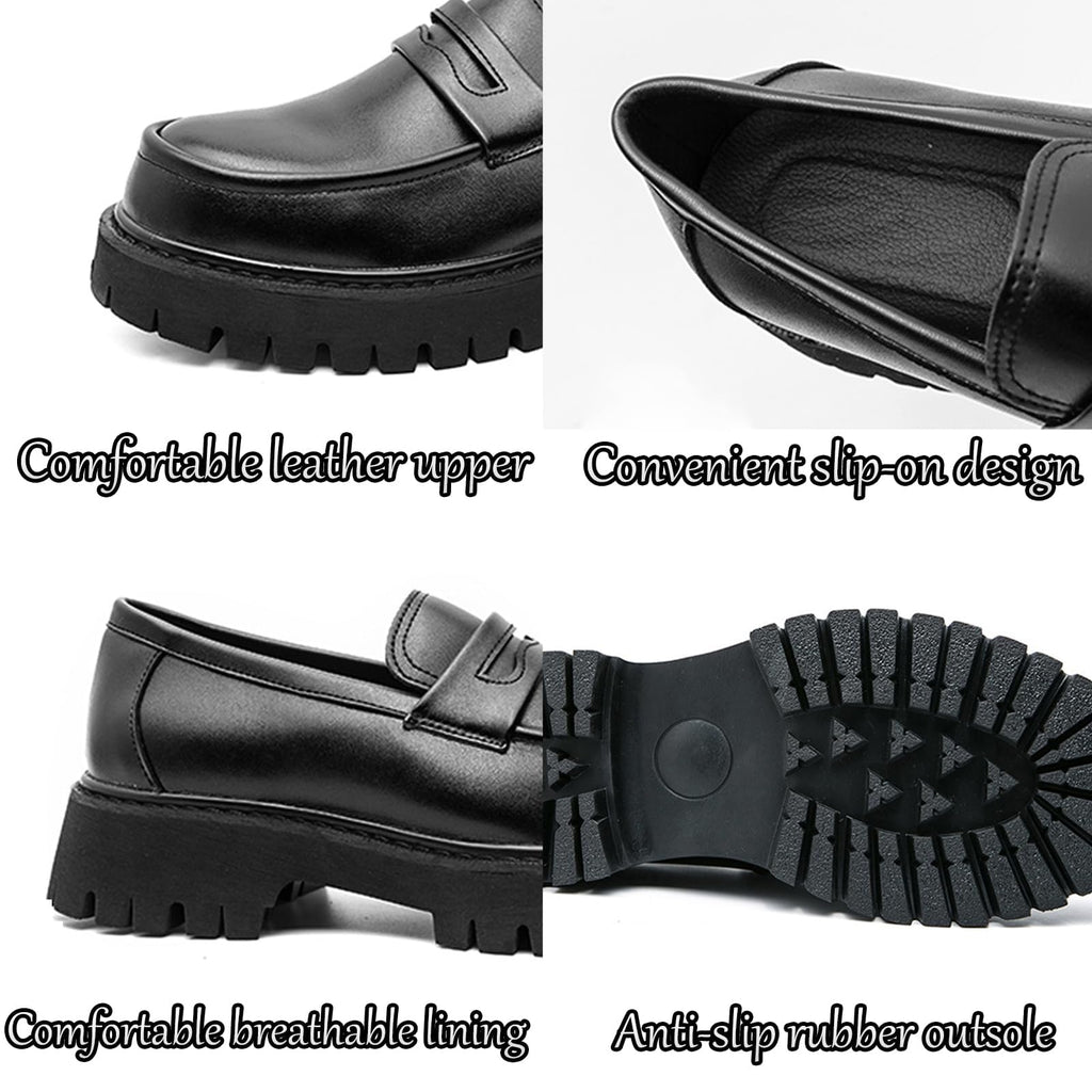 Men's Leather Platform Chunky Slip-On Penny Loafers Classic Round Toe Lug Sole Business Casual Formal Work Shoes (Black,6)
