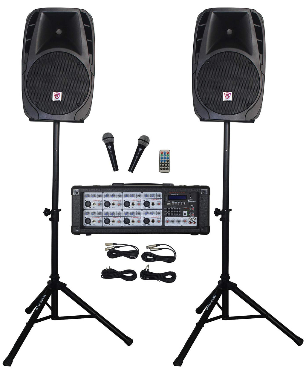 Rockville RPG2X12 Bundle: Dual 12-in 1400W Peak/350W RMS Passive DJ PA Speakers with Stands and Mics, 8-Channel 1400W Powered Mixer with Bluetooth, 2-Items