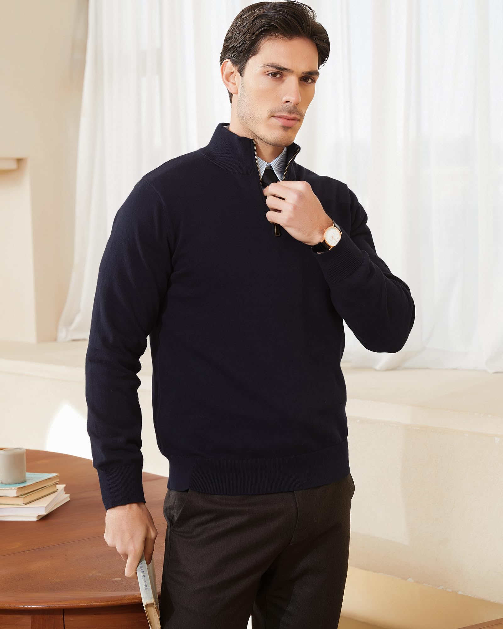 Kallspin Men's Quarter-Zip Sweater Pure Cotton Mock Neck Knit Long Sleeve Pullover Sweater(Black, L)