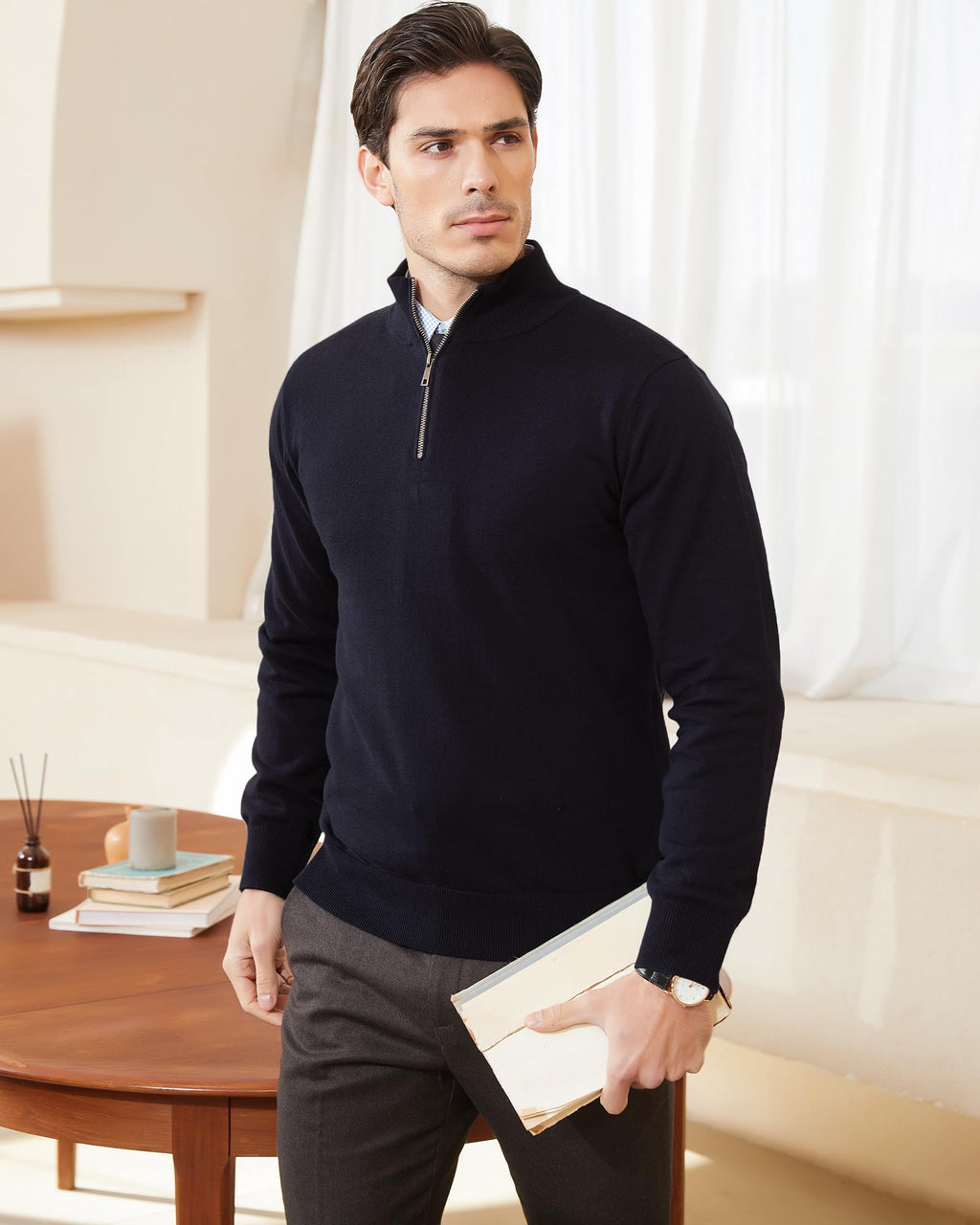 Kallspin Men's Quarter-Zip Sweater Pure Cotton Mock Neck Knit Long Sleeve Pullover Sweater(Black, L)