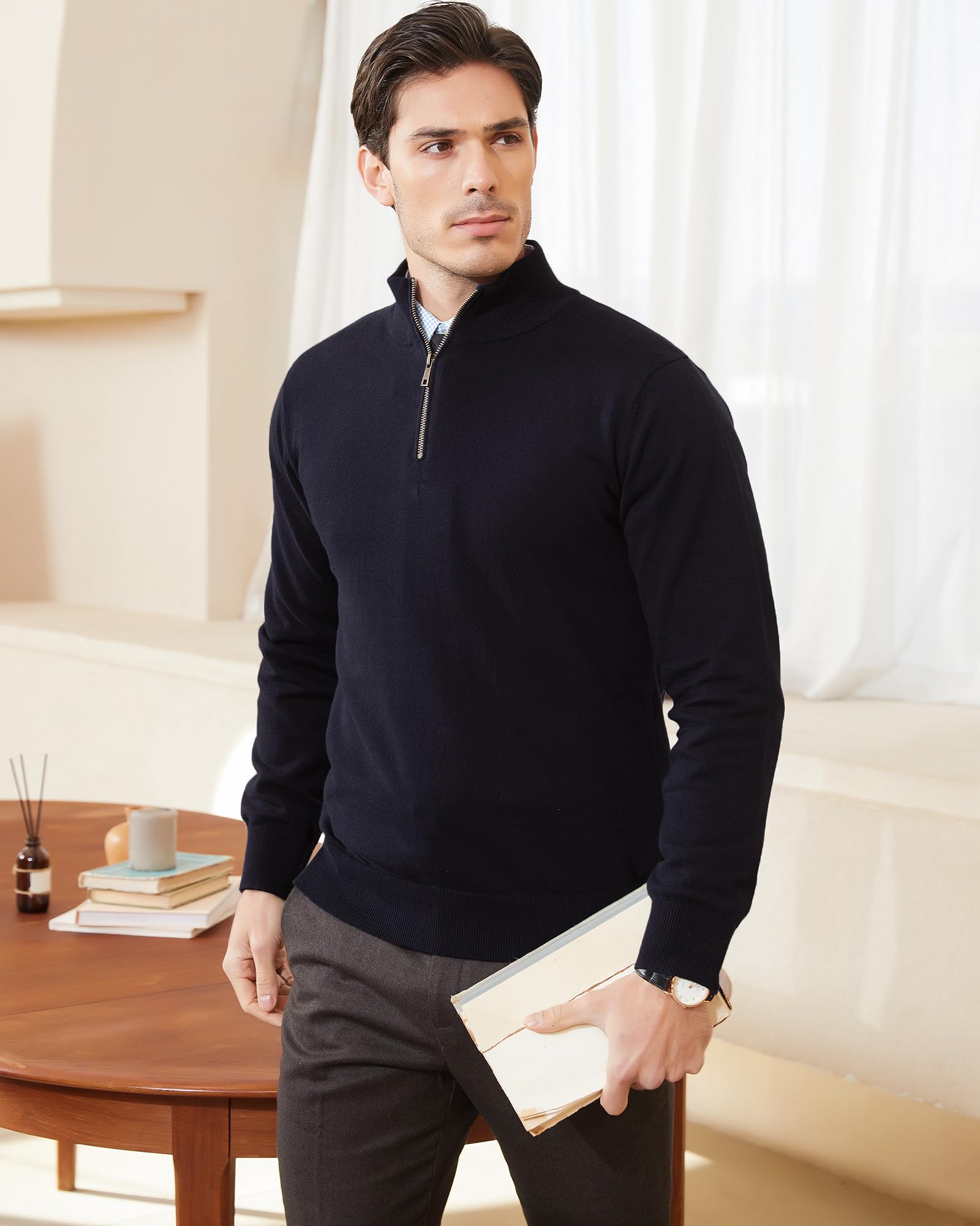 Kallspin Men's Quarter-Zip Sweater Pure Cotton Mock Neck Knit Long Sleeve Pullover Sweater(Black, L)