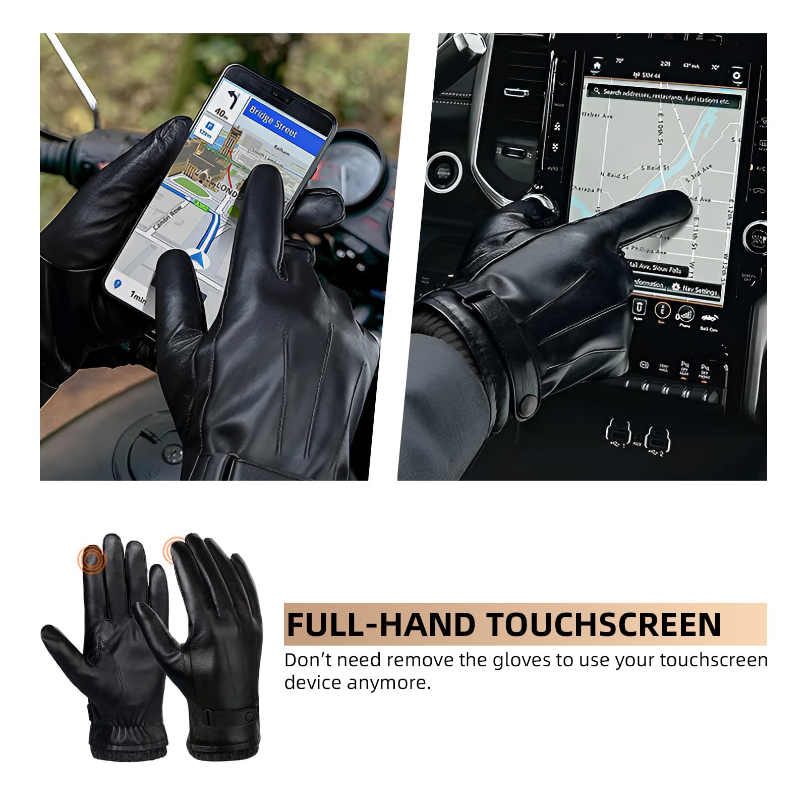 SANKUU Black Leather Gloves for Men, Winter Warm Touchscree Cycling Gloves Outdoor Riding Warm Linner Waterproof Gloves(Large)