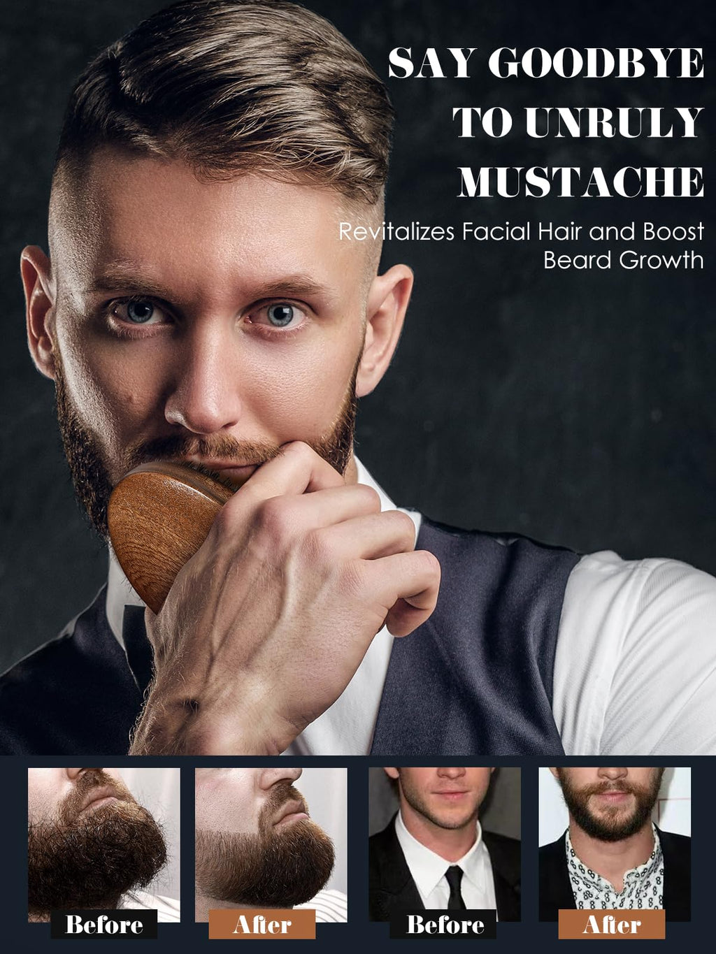 Bituemly Beard Brush, Natural Boar Bristles Beard Brush for Men and Wooden Sandalwood Pocket Beard Comb Set, Facial Hair Grooming Kit with Mustache Scissors as a Styling Tool, Growth, Detangles, Shine