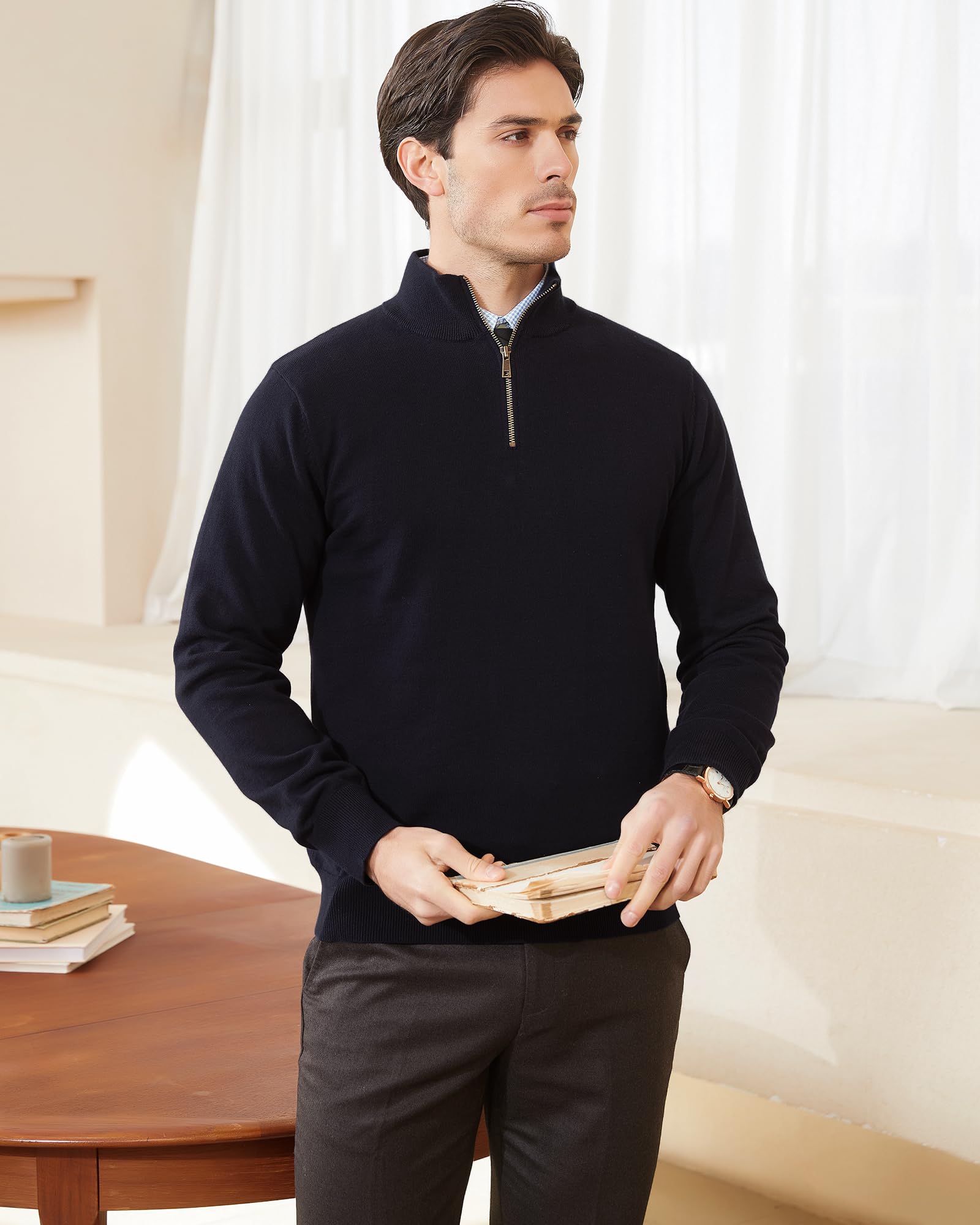 Kallspin Men's Quarter-Zip Sweater Pure Cotton Mock Neck Knit Long Sleeve Pullover Sweater(Black, L)