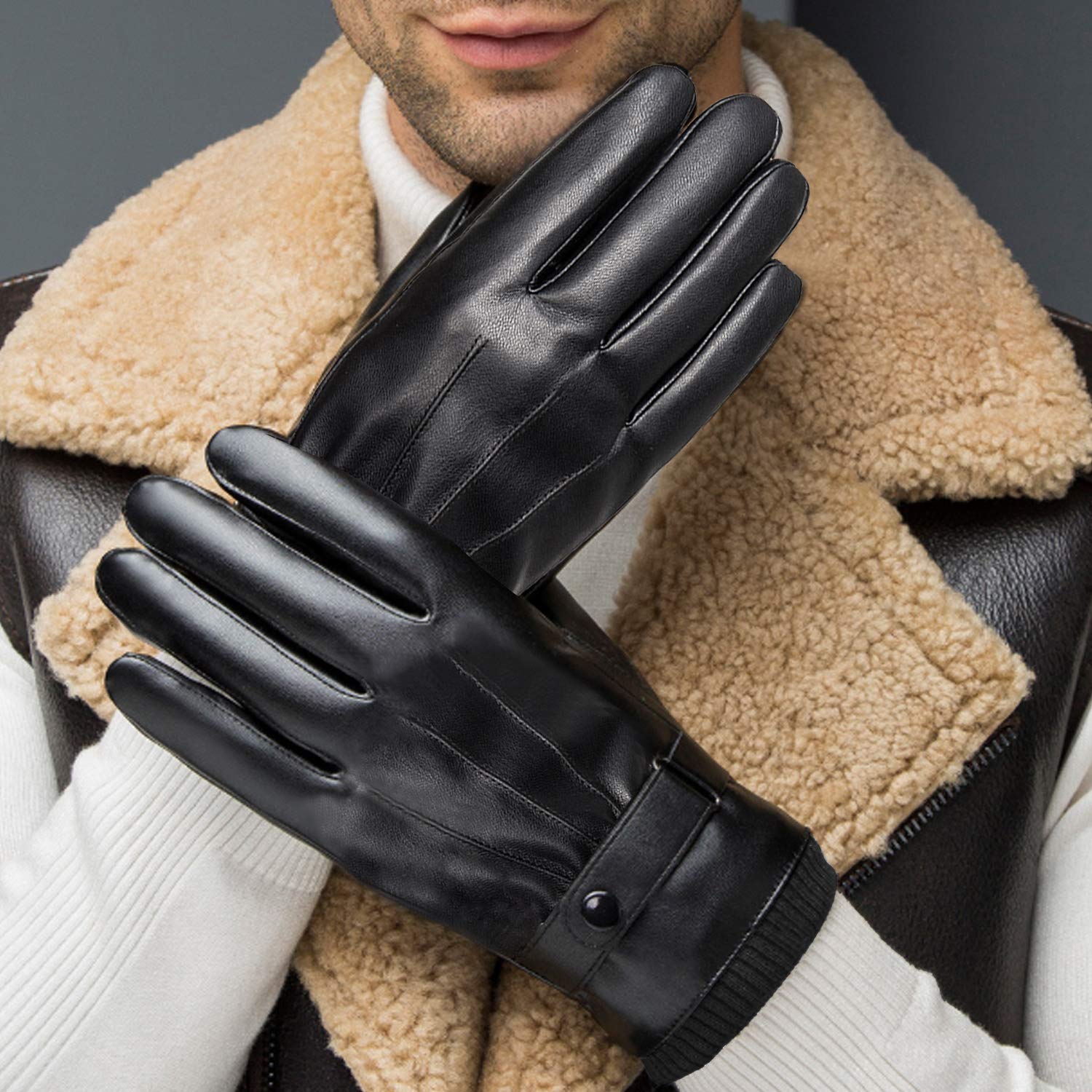 SANKUU Black Leather Gloves for Men, Winter Warm Touchscree Cycling Gloves Outdoor Riding Warm Linner Waterproof Gloves(Large)