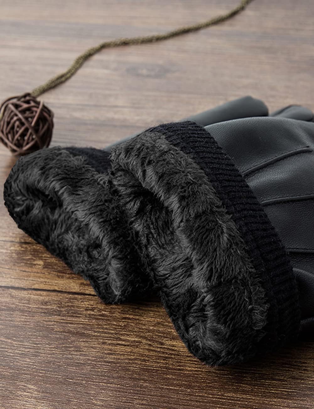 SANKUU Black Leather Gloves for Men, Winter Warm Touchscree Cycling Gloves Outdoor Riding Warm Linner Waterproof Gloves(Large)