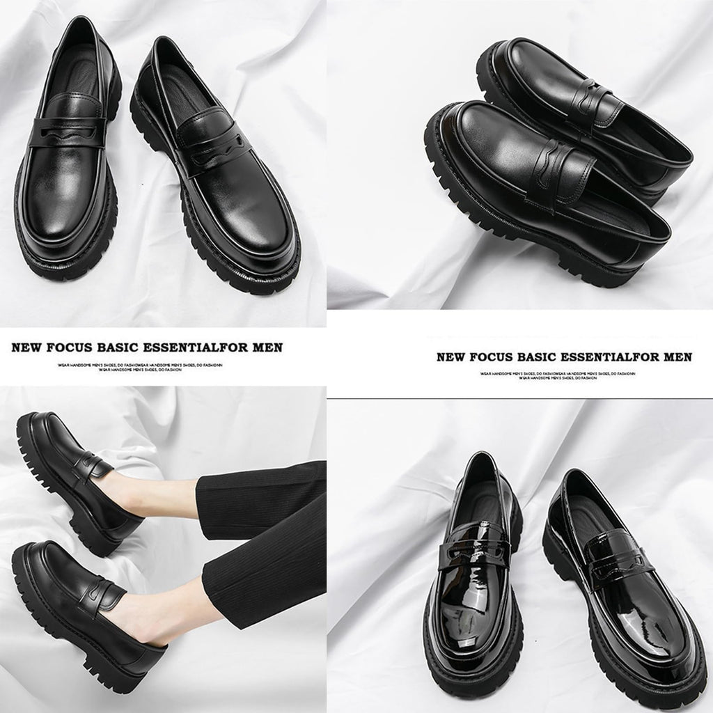 Men's Leather Platform Chunky Slip-On Penny Loafers Classic Round Toe Lug Sole Business Casual Formal Work Shoes (Black,6)