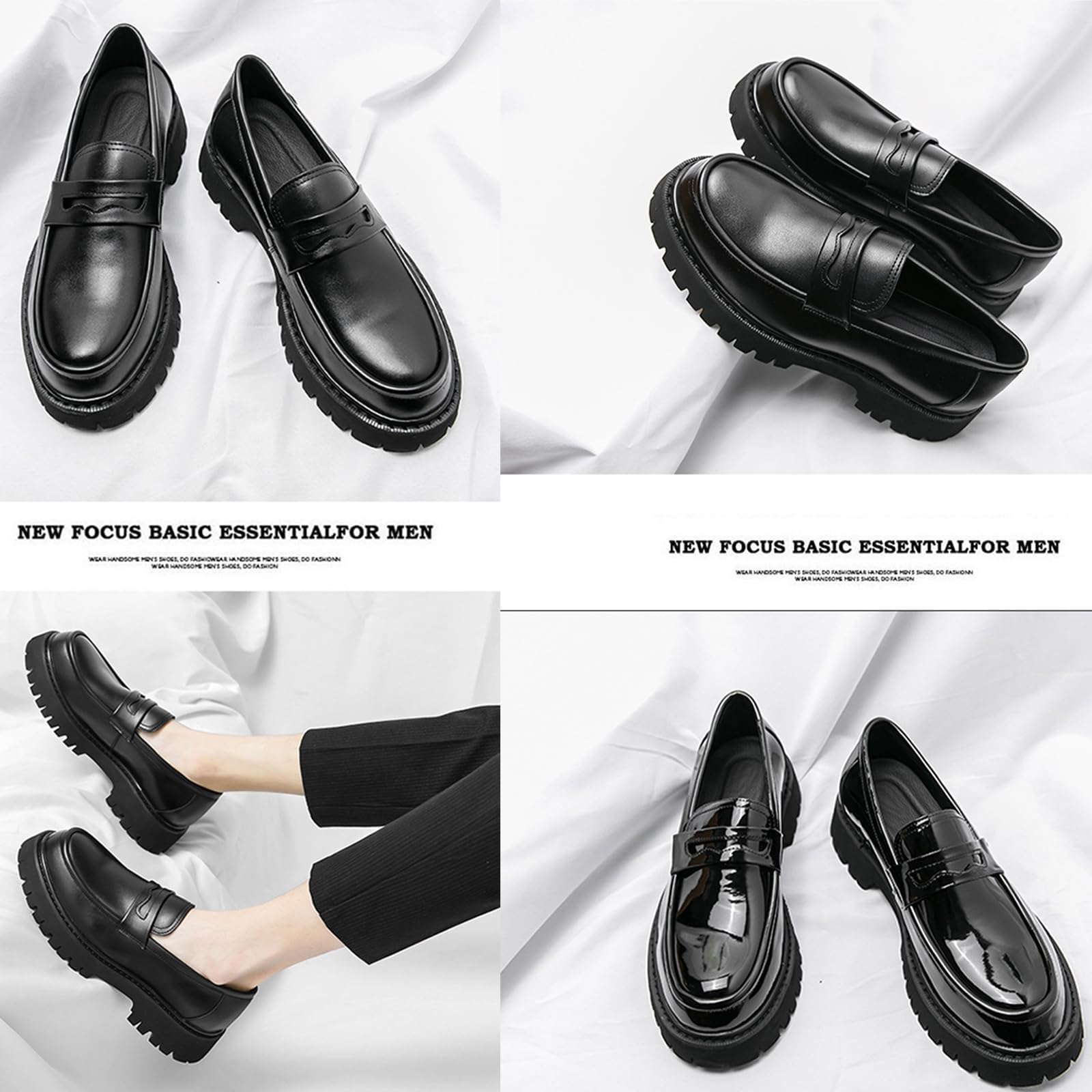 Men's Leather Platform Chunky Slip-On Penny Loafers Classic Round Toe Lug Sole Business Casual Formal Work Shoes (Black,6)