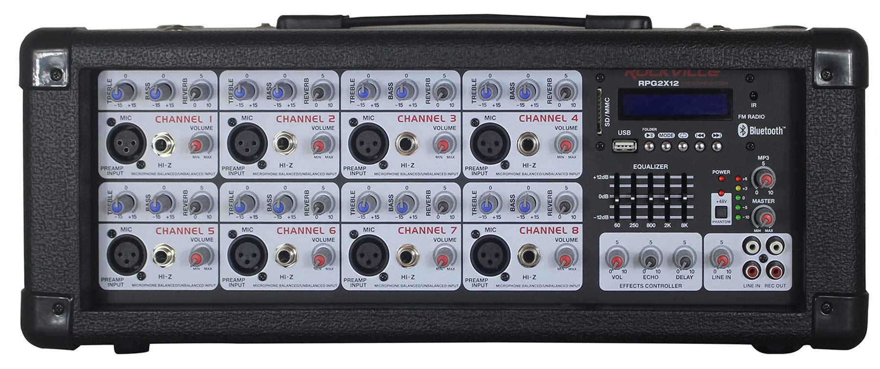 Rockville RPG2X12 Bundle: Dual 12-in 1400W Peak/350W RMS Passive DJ PA Speakers with Stands and Mics, 8-Channel 1400W Powered Mixer with Bluetooth, 2-Items
