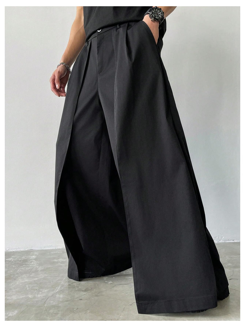 OYOANGLE Men's Baggy Wide Leg Pants Zipper Fly Pleated Trousers Business Casual Dress Pants with Pocket Black Large
