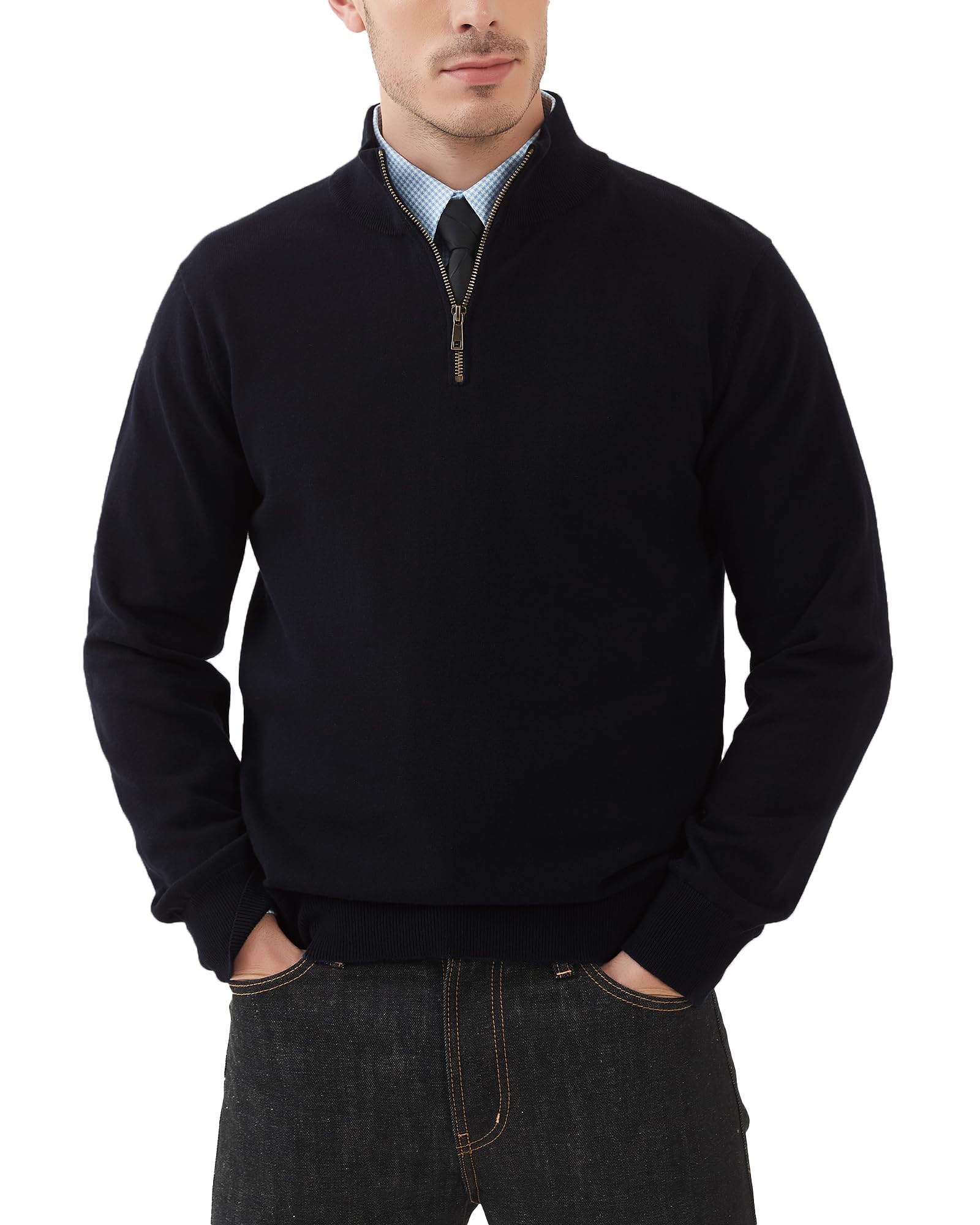 Kallspin Men's Quarter-Zip Sweater Pure Cotton Mock Neck Knit Long Sleeve Pullover Sweater(Black, L)