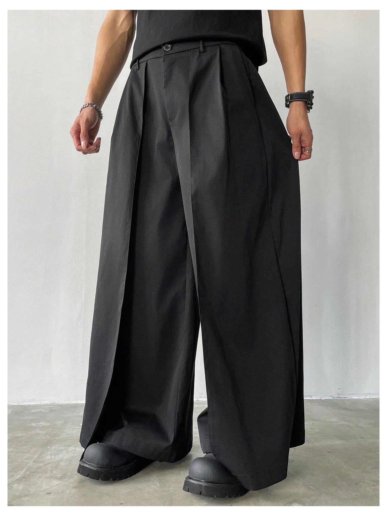 OYOANGLE Men's Baggy Wide Leg Pants Zipper Fly Pleated Trousers Business Casual Dress Pants with Pocket Black Large