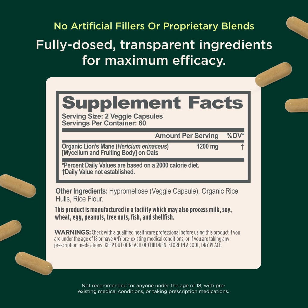 The Genius Brand Genius Lion's Mane - Plant-Based Supplement for Memory, Focus & Mood Support - Organic & Non-GMO - 120 Veggie Capsules