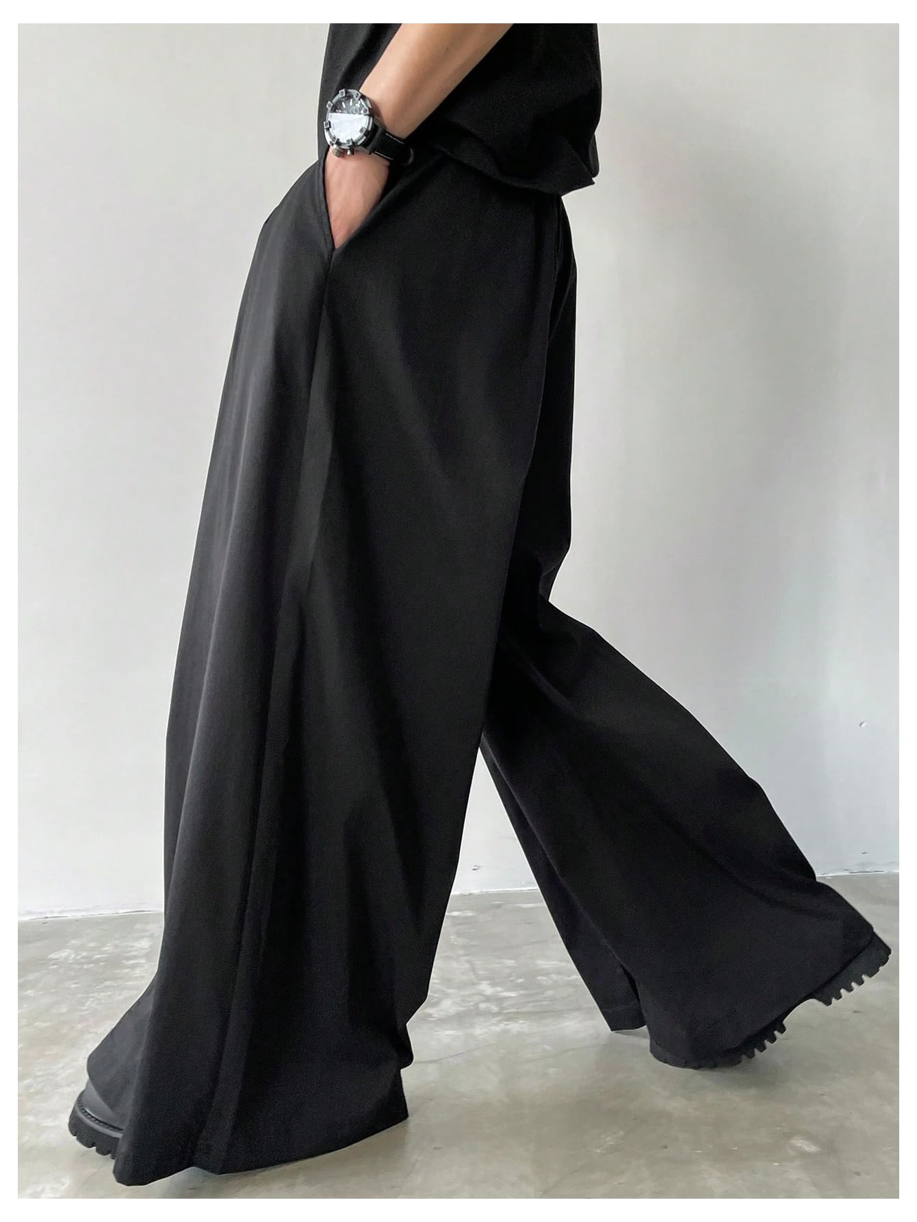 OYOANGLE Men's Baggy Wide Leg Pants Zipper Fly Pleated Trousers Business Casual Dress Pants with Pocket Black Large
