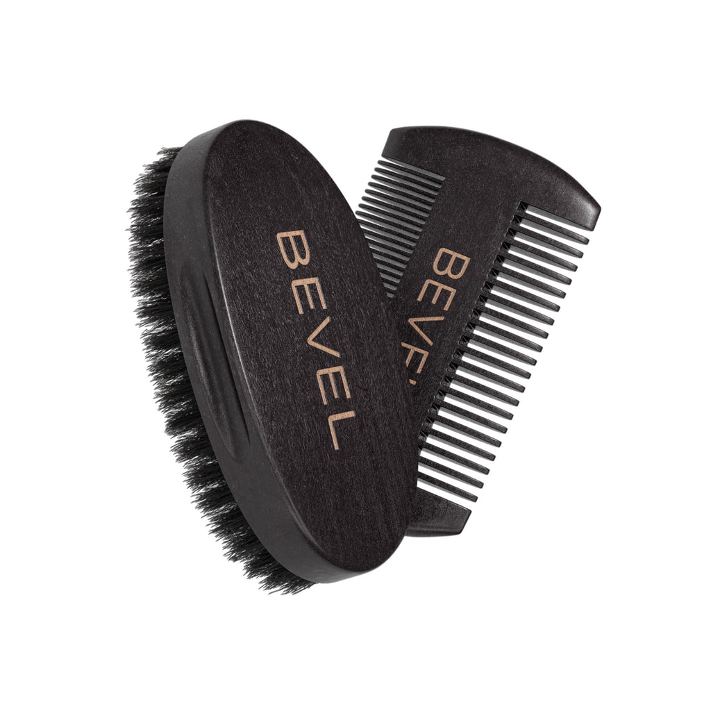 Bevel Beard Brush and Comb Set for Men – Natural Boar Bristle Brush & Pearwood Comb with Travel Pouch – Beard Grooming Kit for Shaping, Soften & Detangling Mustaches