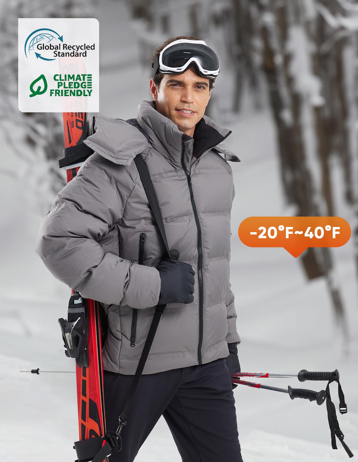 fit space Men's Thickened Down Jacket Super Warm Winter Puffer Jacket Snow Coat with Detachable Hood Waterproof Windproof Grey, Large