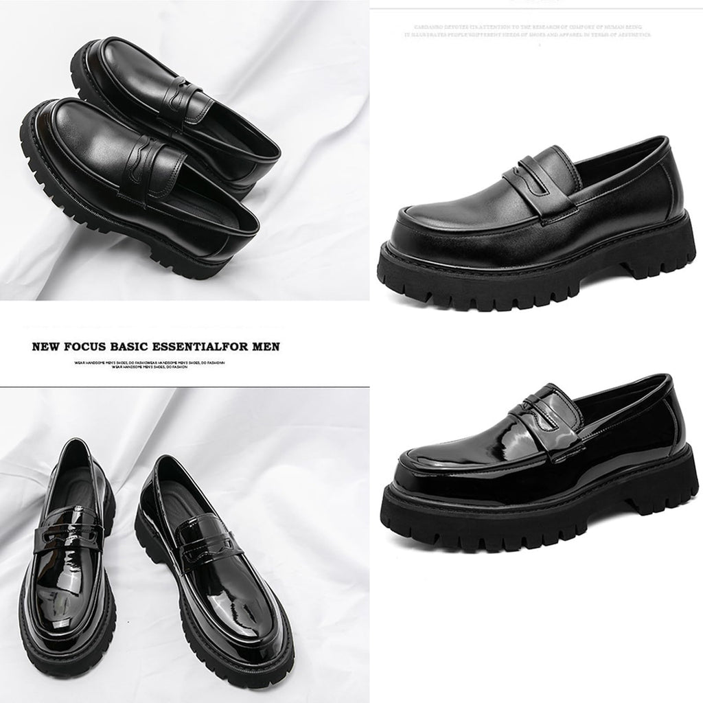 Men's Leather Platform Chunky Slip-On Penny Loafers Classic Round Toe Lug Sole Business Casual Formal Work Shoes (Black,6)