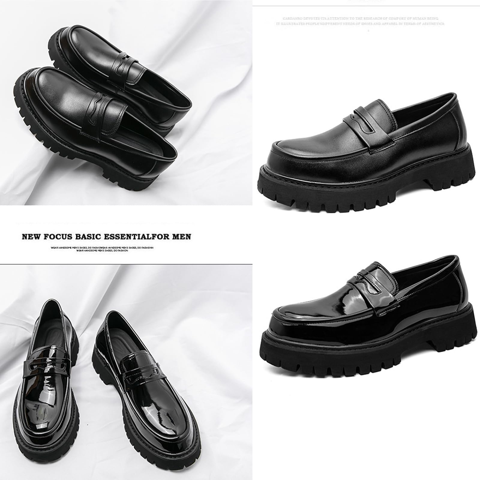 Men's Leather Platform Chunky Slip-On Penny Loafers Classic Round Toe Lug Sole Business Casual Formal Work Shoes (Black,6)