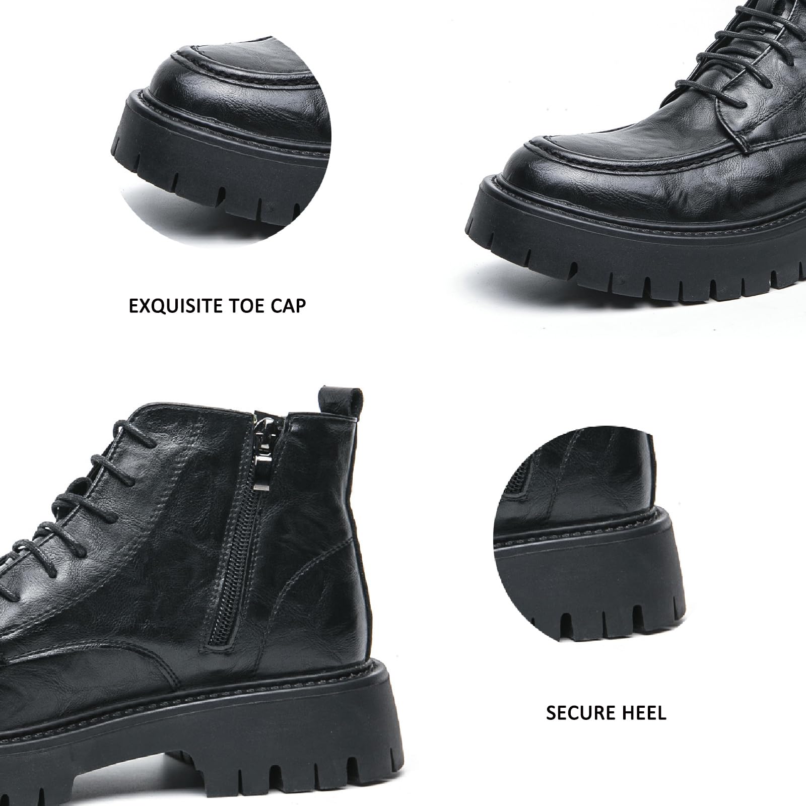 Men's Textured Leather Platform Chunky Low Heel Combat Boots with Side Zipper Vintage Round Toe Lug Sole Non-Slip Lace-Up Motorcycle Boots Work Office Business Casual Oxfords (Black,10)