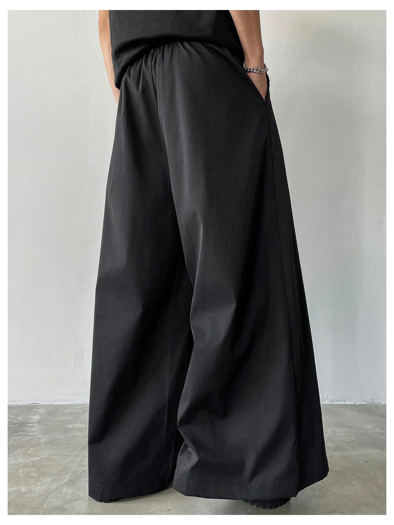 OYOANGLE Men's Baggy Wide Leg Pants Zipper Fly Pleated Trousers Business Casual Dress Pants with Pocket Black Large