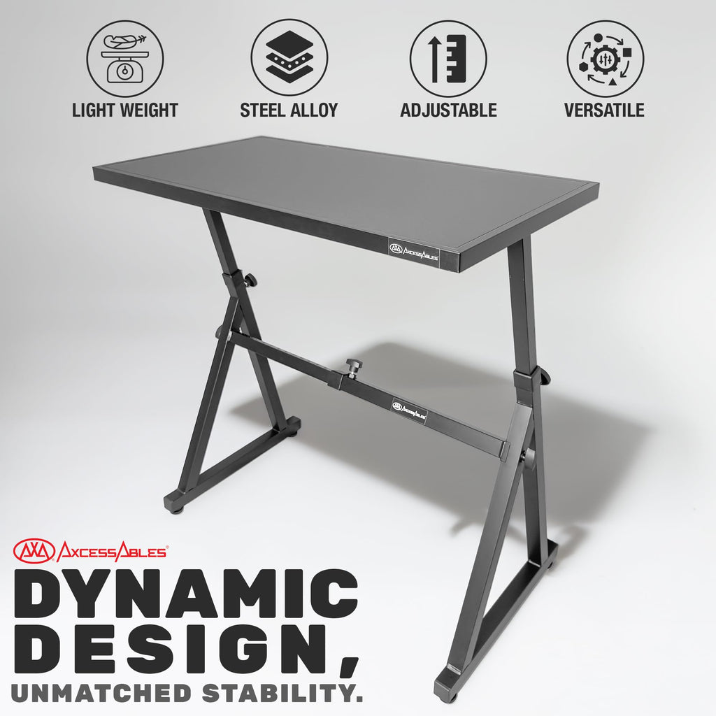 AxcessAbles Adjustable Piano Keyboard Stand and DJ Controller Desk – Removable 36"x19.4" Steel Tabletop, Height Adjustable Music Workstation for Mixers, Synths, Recording, and Live Performance