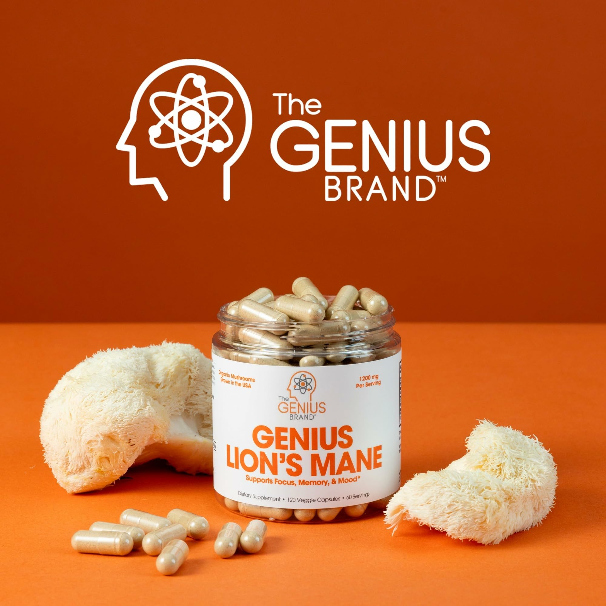 The Genius Brand Genius Lion's Mane - Plant-Based Supplement for Memory, Focus & Mood Support - Organic & Non-GMO - 120 Veggie Capsules