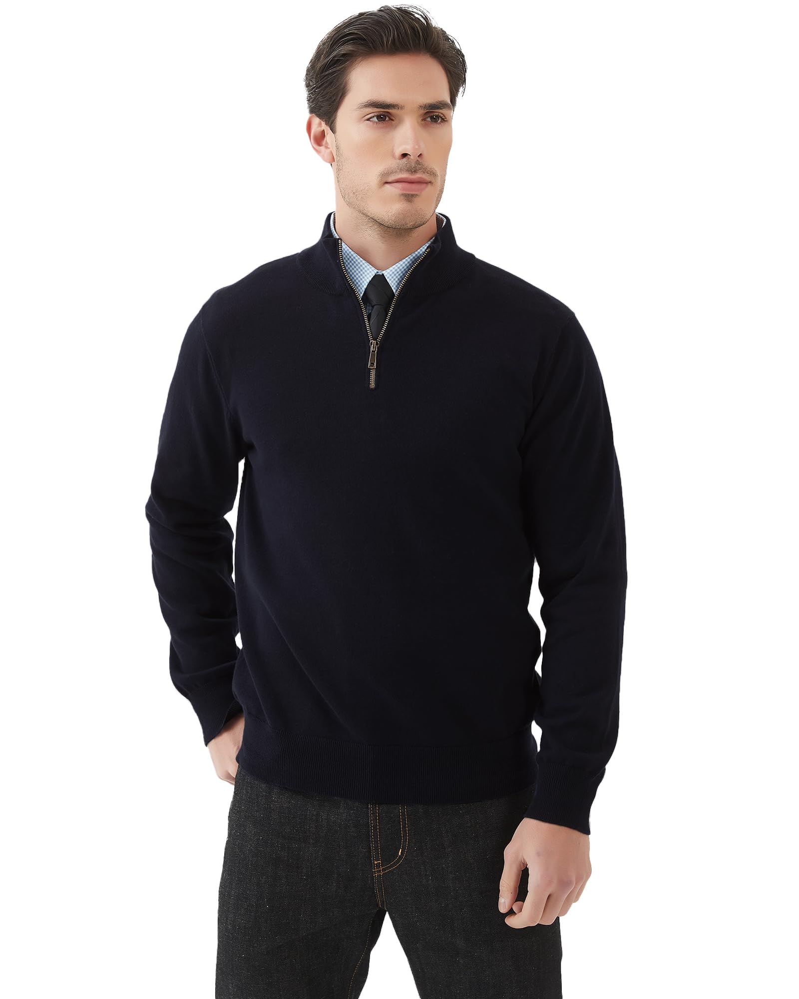 Kallspin Men's Quarter-Zip Sweater Pure Cotton Mock Neck Knit Long Sleeve Pullover Sweater(Black, L)
