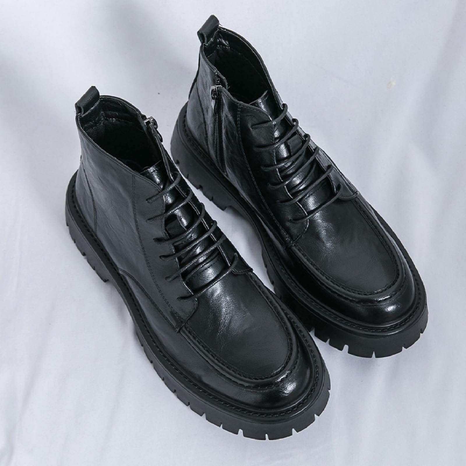Men's Textured Leather Platform Chunky Low Heel Combat Boots with Side Zipper Vintage Round Toe Lug Sole Non-Slip Lace-Up Motorcycle Boots Work Office Business Casual Oxfords (Black,10)